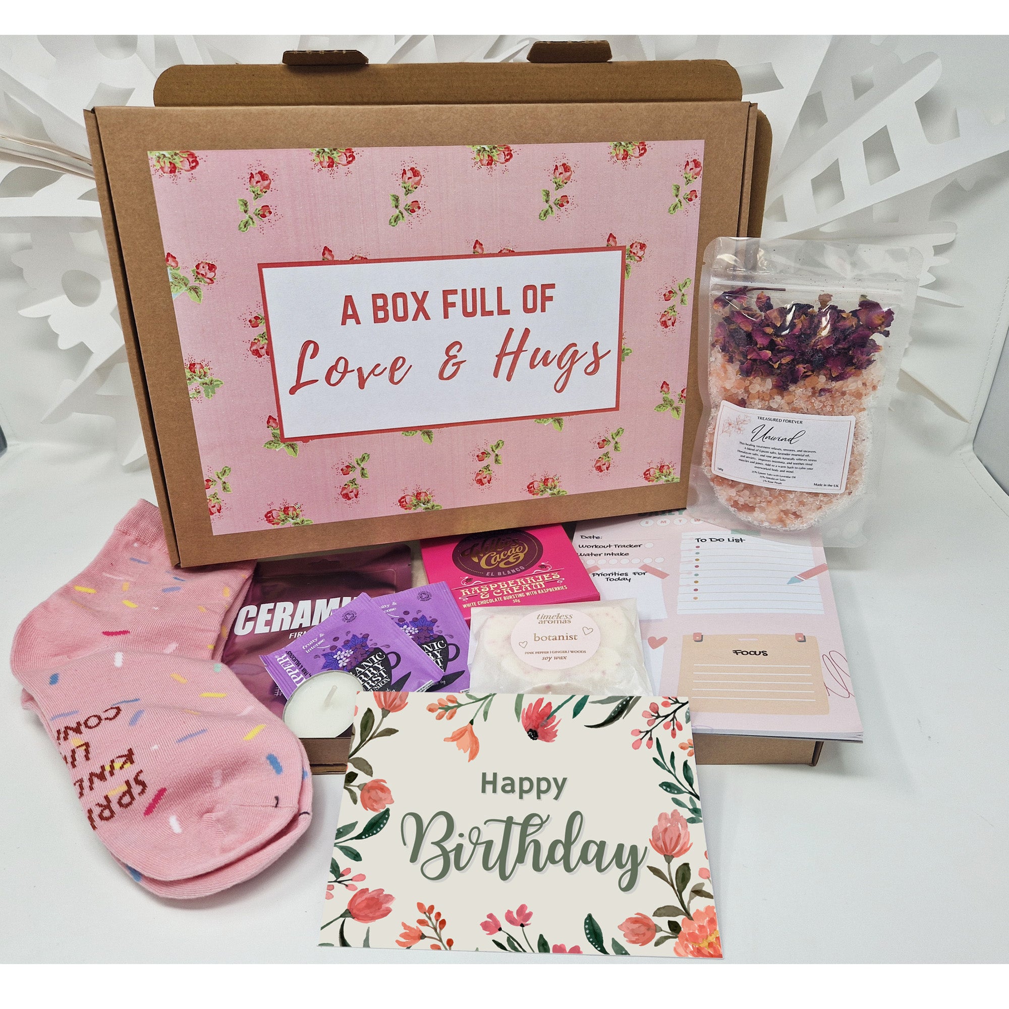 Personalised Pamper Treat Box Letterbox Gift Hug in a Box Hamper Worry Birthday, Thinking of You, Missing you Floral