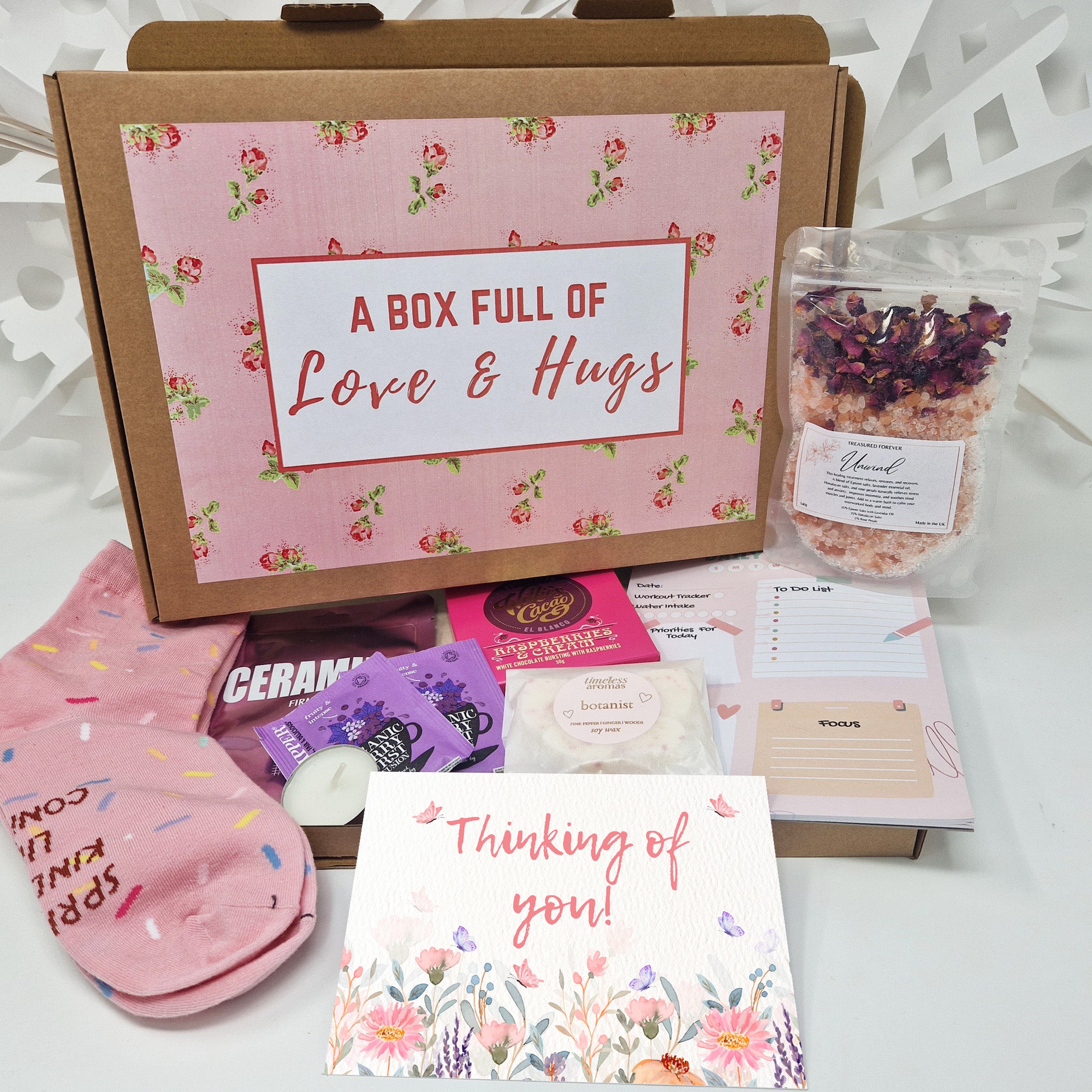 Personalised Pamper Treat Box Letterbox Gift Hug in a Box Hamper Worry Birthday, Thinking of You, Missing you Floral