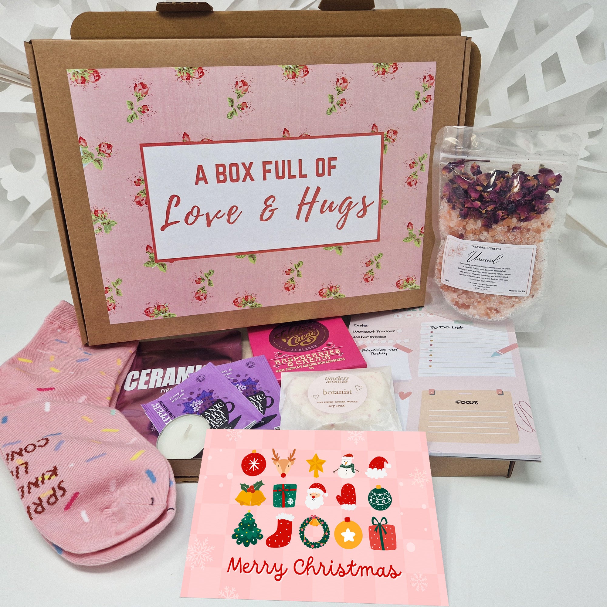 Personalised Pamper Treat Box Letterbox Gift Hug in a Box Hamper Worry Birthday, Thinking of You, Missing you Floral