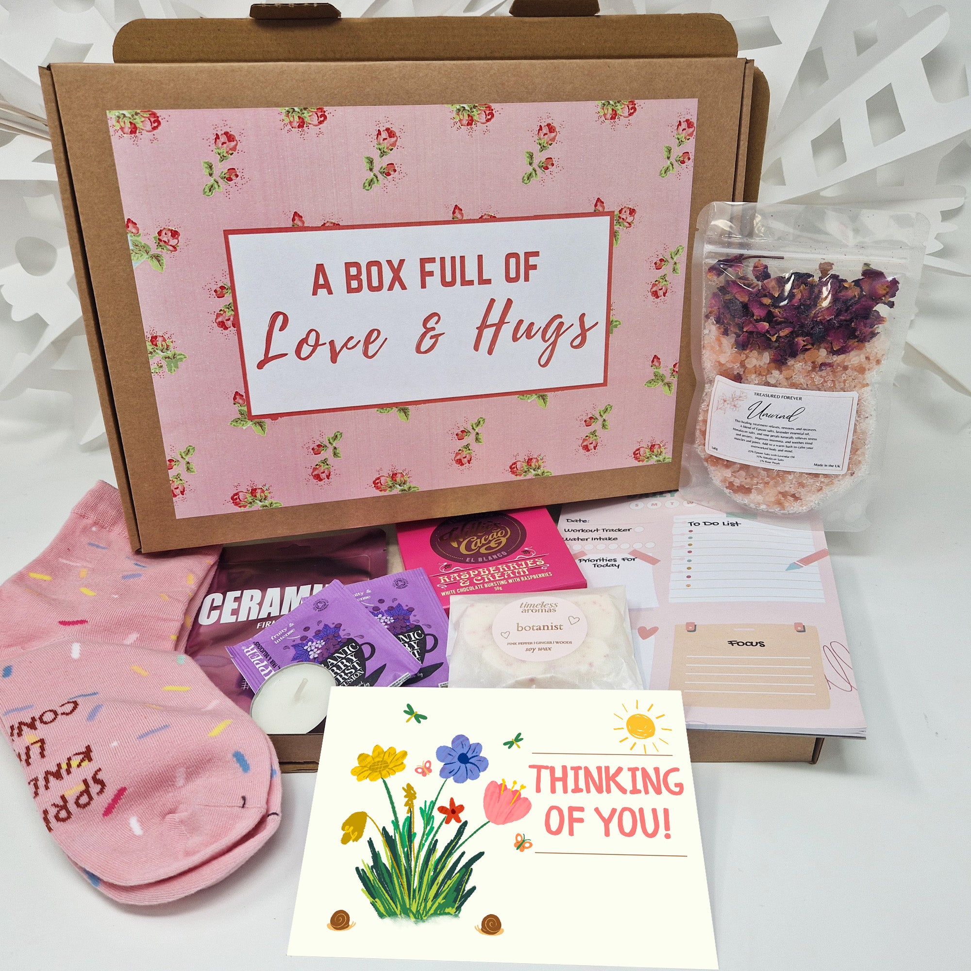 Personalised Pamper Treat Box Letterbox Gift Hug in a Box Hamper Worry Birthday, Thinking of You, Missing you Floral