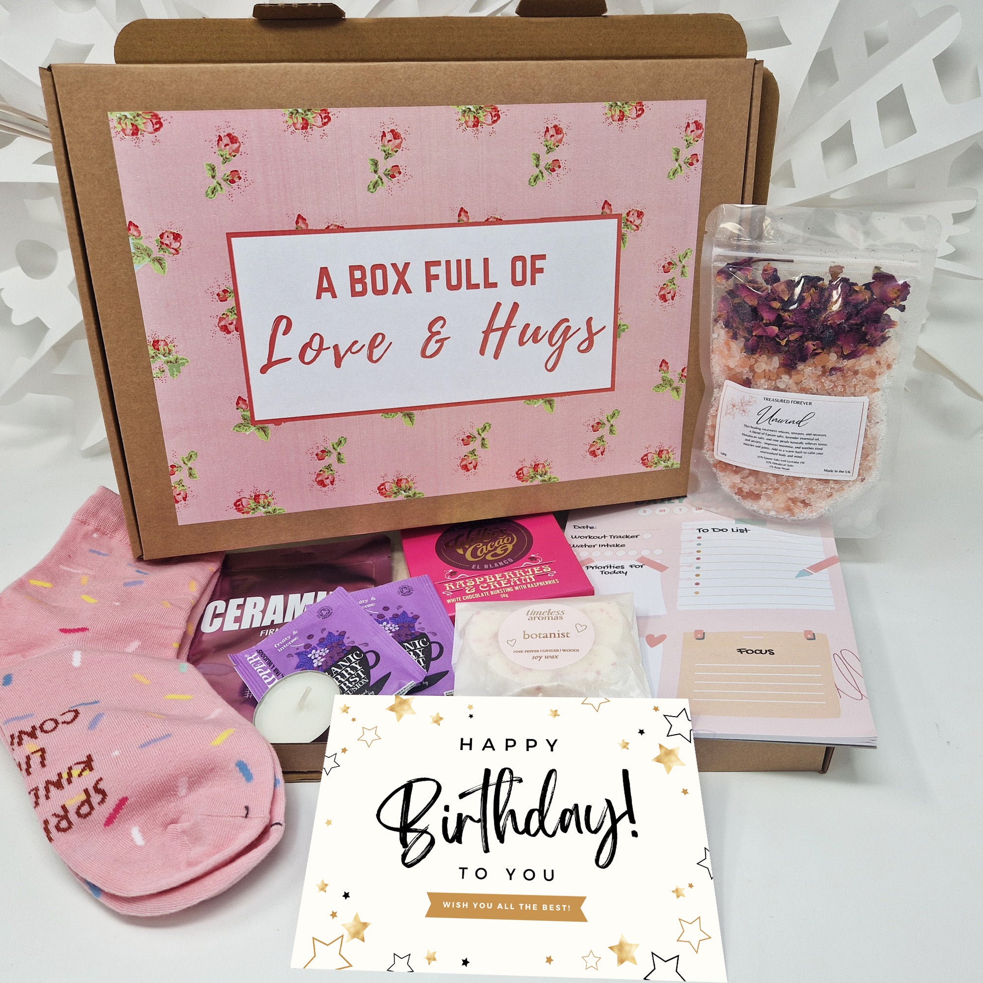 Personalised Pamper Treat Box Letterbox Gift Hug in a Box Hamper Worry Birthday, Thinking of You, Missing you Floral