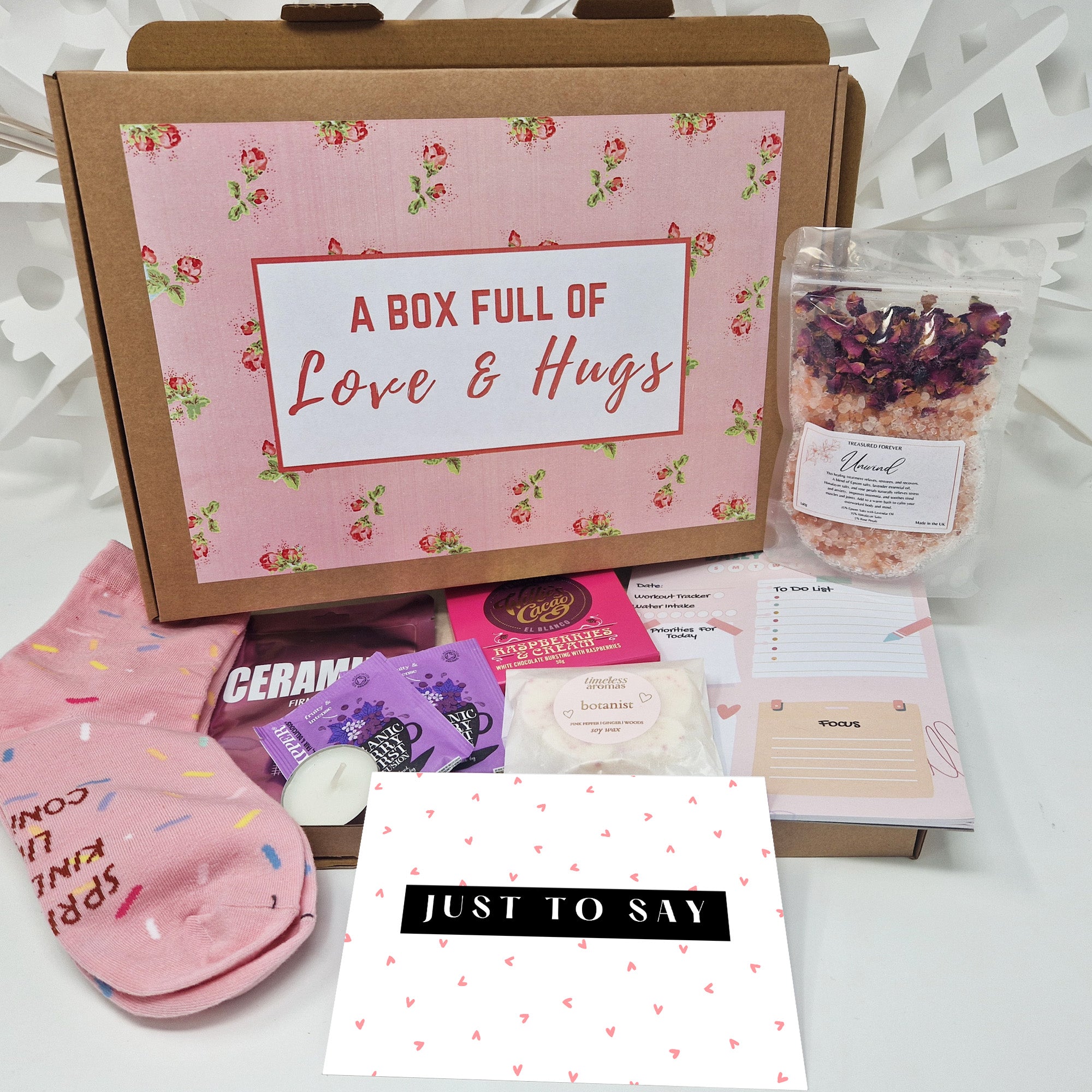 Personalised Pamper Treat Box Letterbox Gift Hug in a Box Hamper Worry Birthday, Thinking of You, Missing you Floral