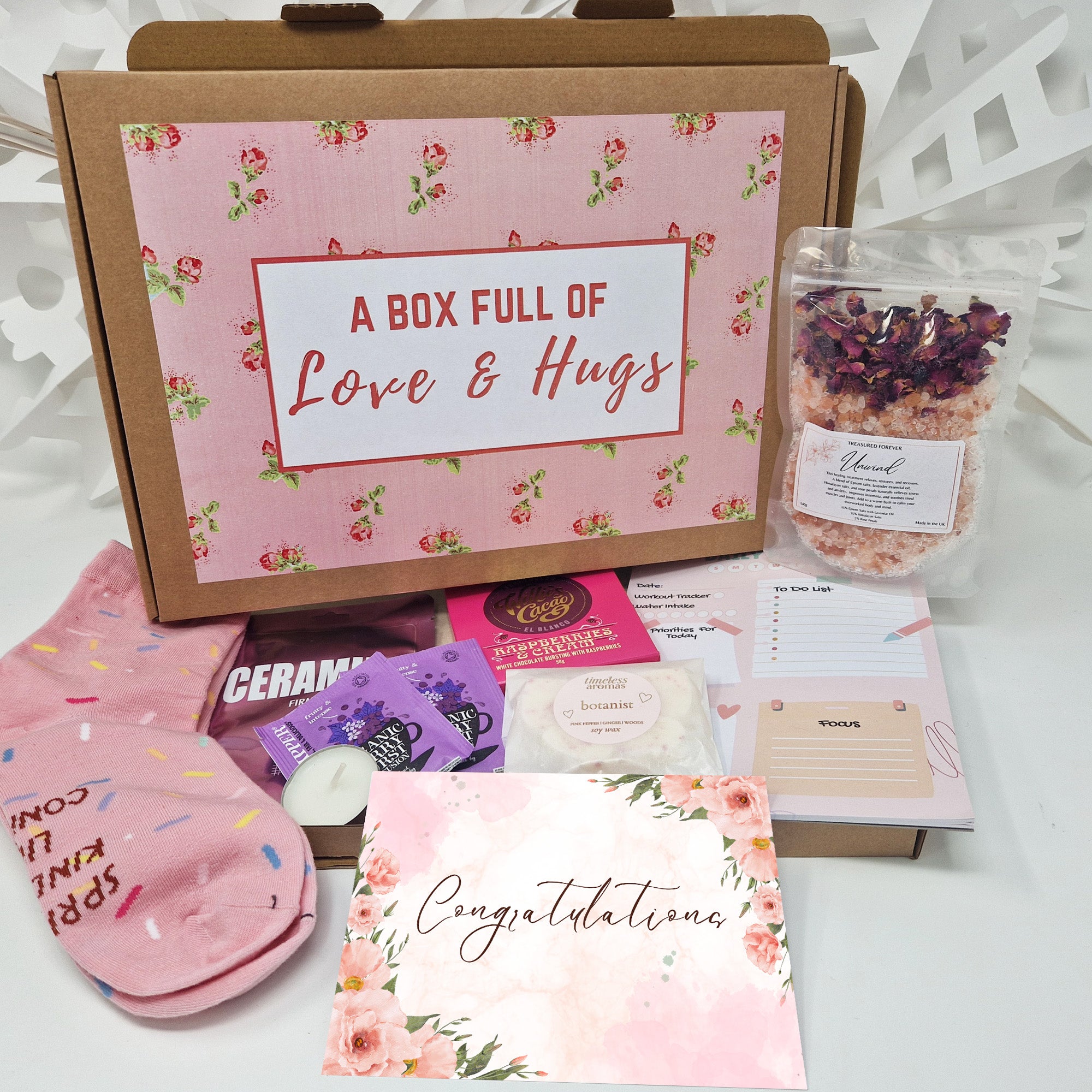 Personalised Pamper Treat Box Letterbox Gift Hug in a Box Hamper Worry Birthday, Thinking of You, Missing you Floral