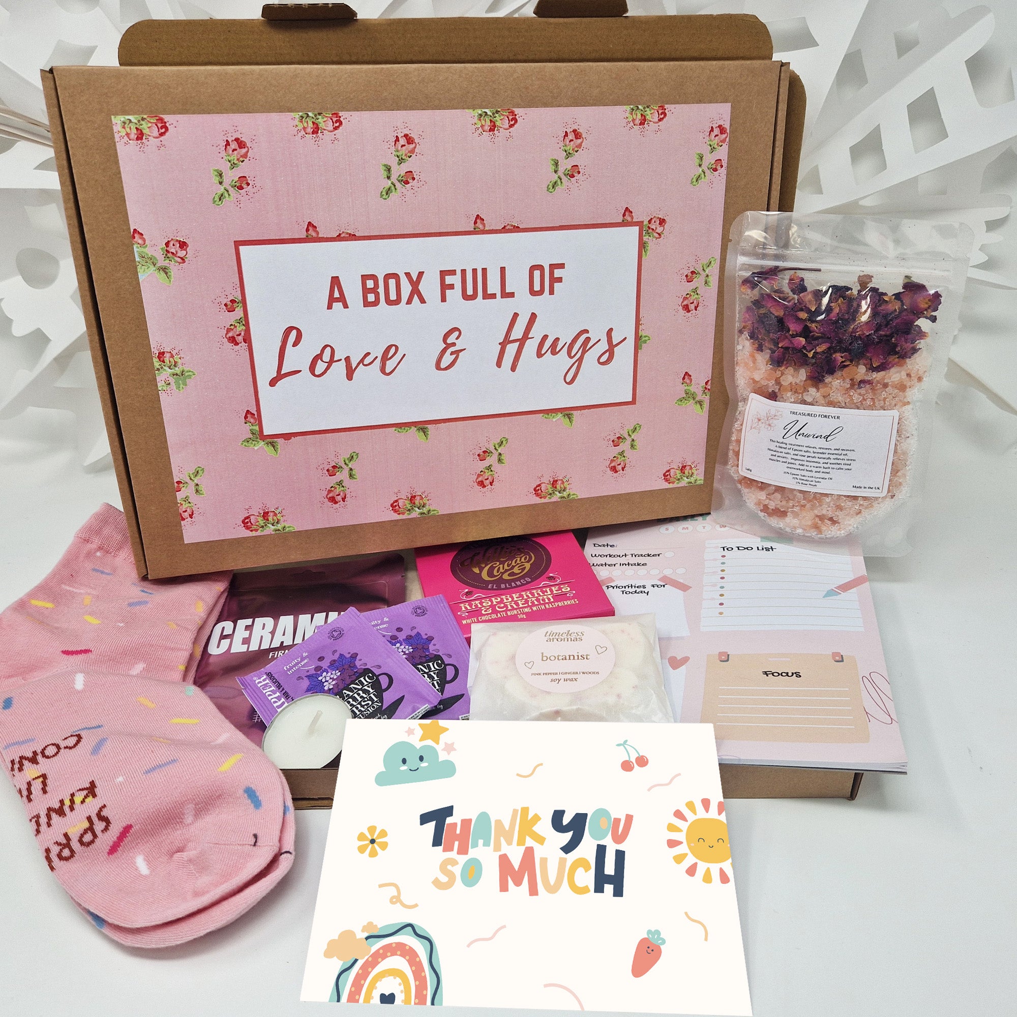 Personalised Pamper Treat Box Letterbox Gift Hug in a Box Hamper Worry Birthday, Thinking of You, Missing you Floral