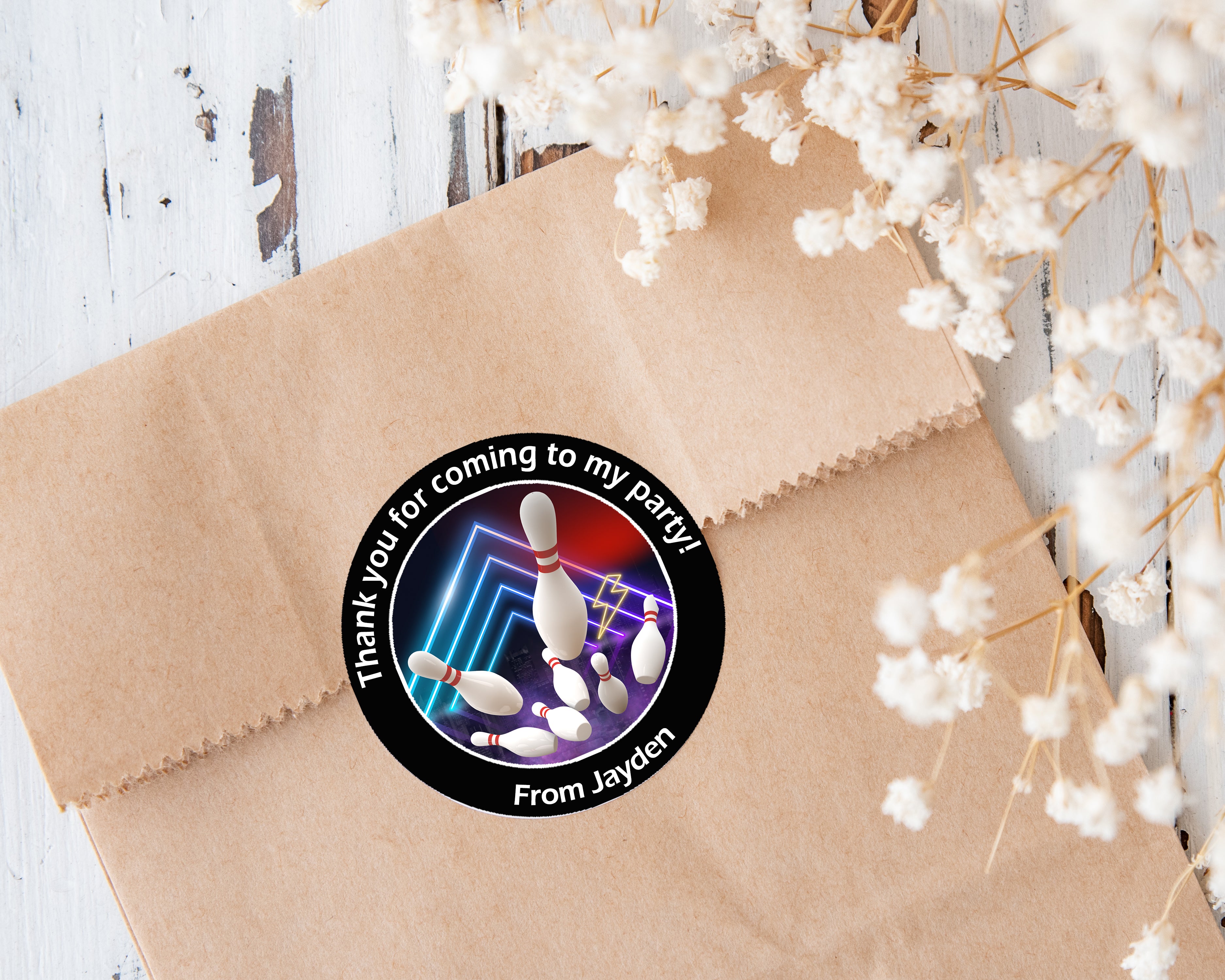 Personalised Bowling Party Stickers – Thank You Labels for Sweet Cones & Favour Bags