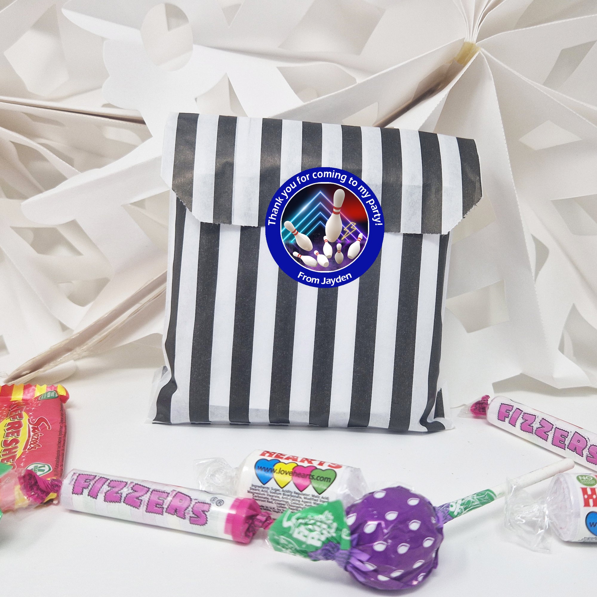 Personalised Bowling Party Stickers – Thank You Labels for Sweet Cones & Favour Bags