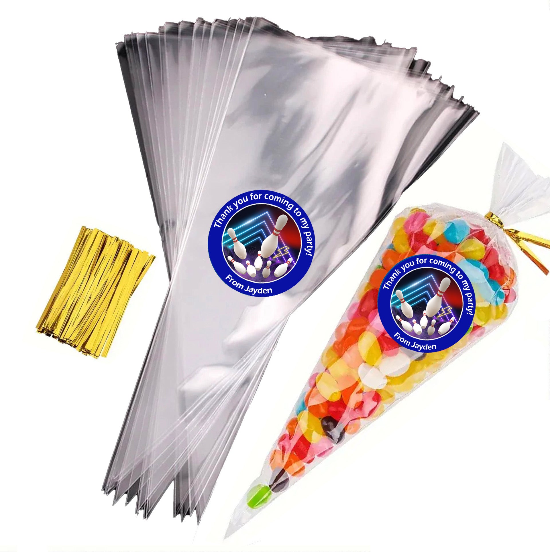 Personalised Bowling Party Stickers – Thank You Labels for Sweet Cones & Favour Bags