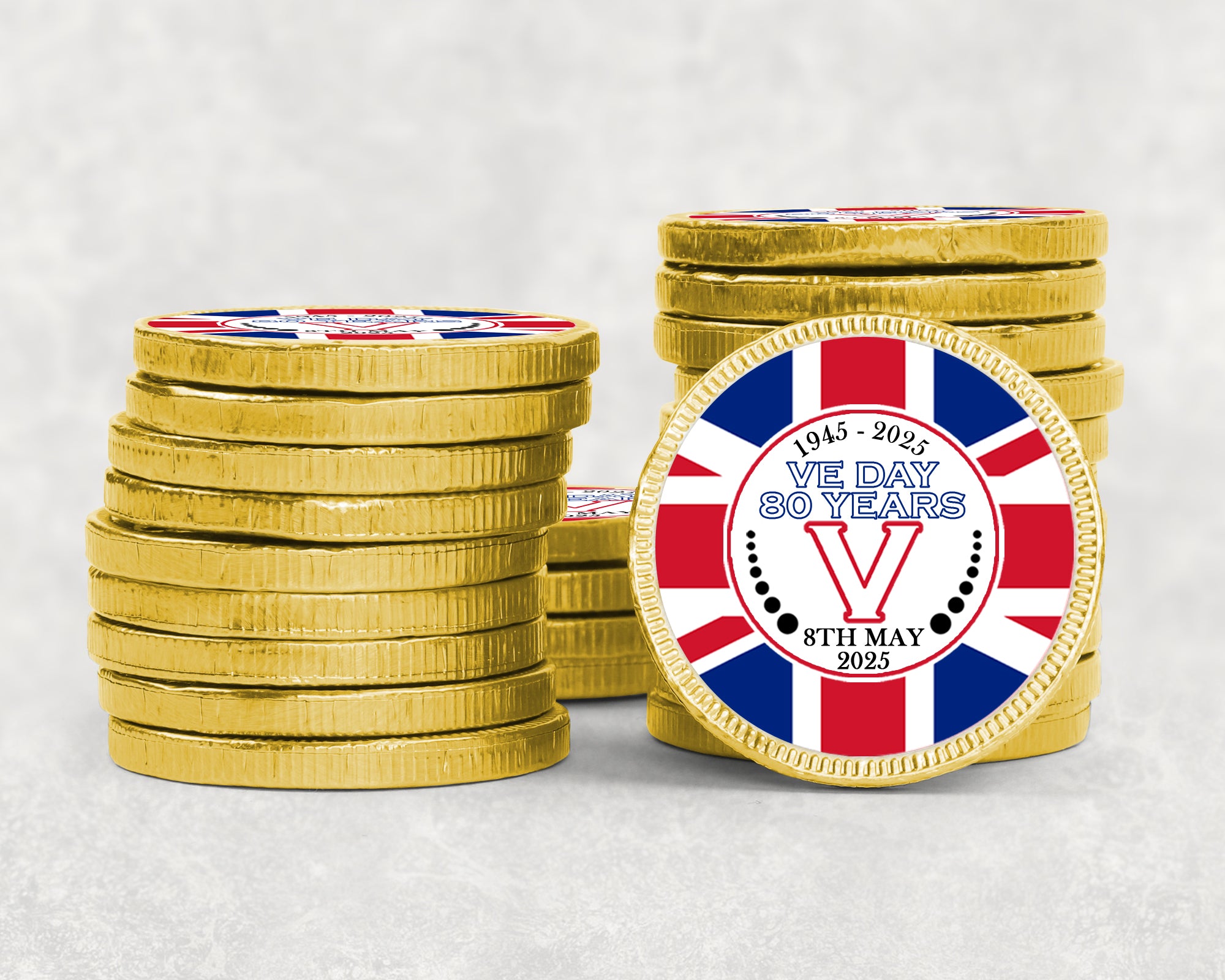 VE Day 80 Years Celebration Chocolate Coins chocolate Coins Luxury Gold foiled discs perfect for street parties! VE Day Party Decor Favours