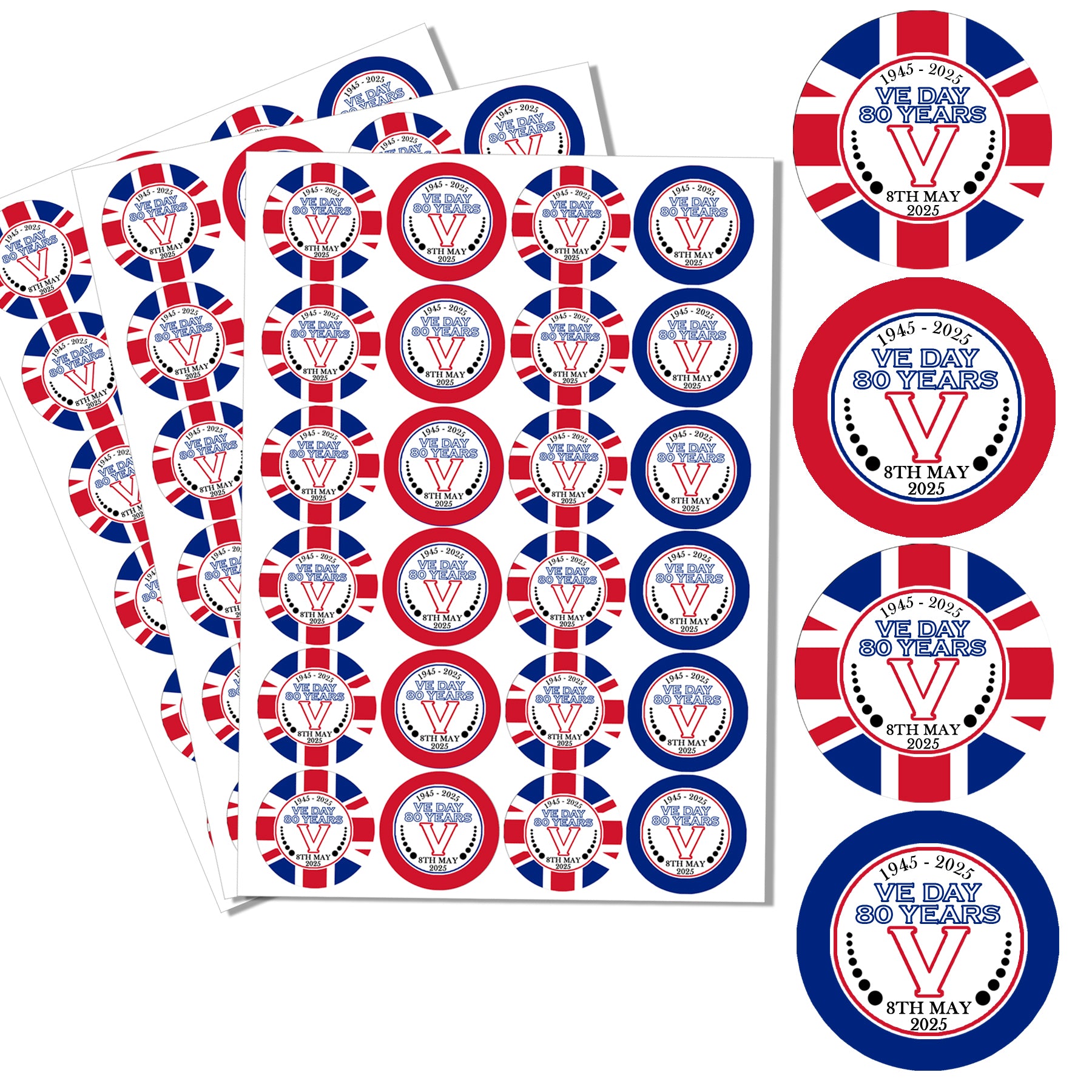 VE Day 80 Years Celebration Sticker Sheet perfect for street parties! VE Day Party Decor Sizes 4.5cm / 3.7cm