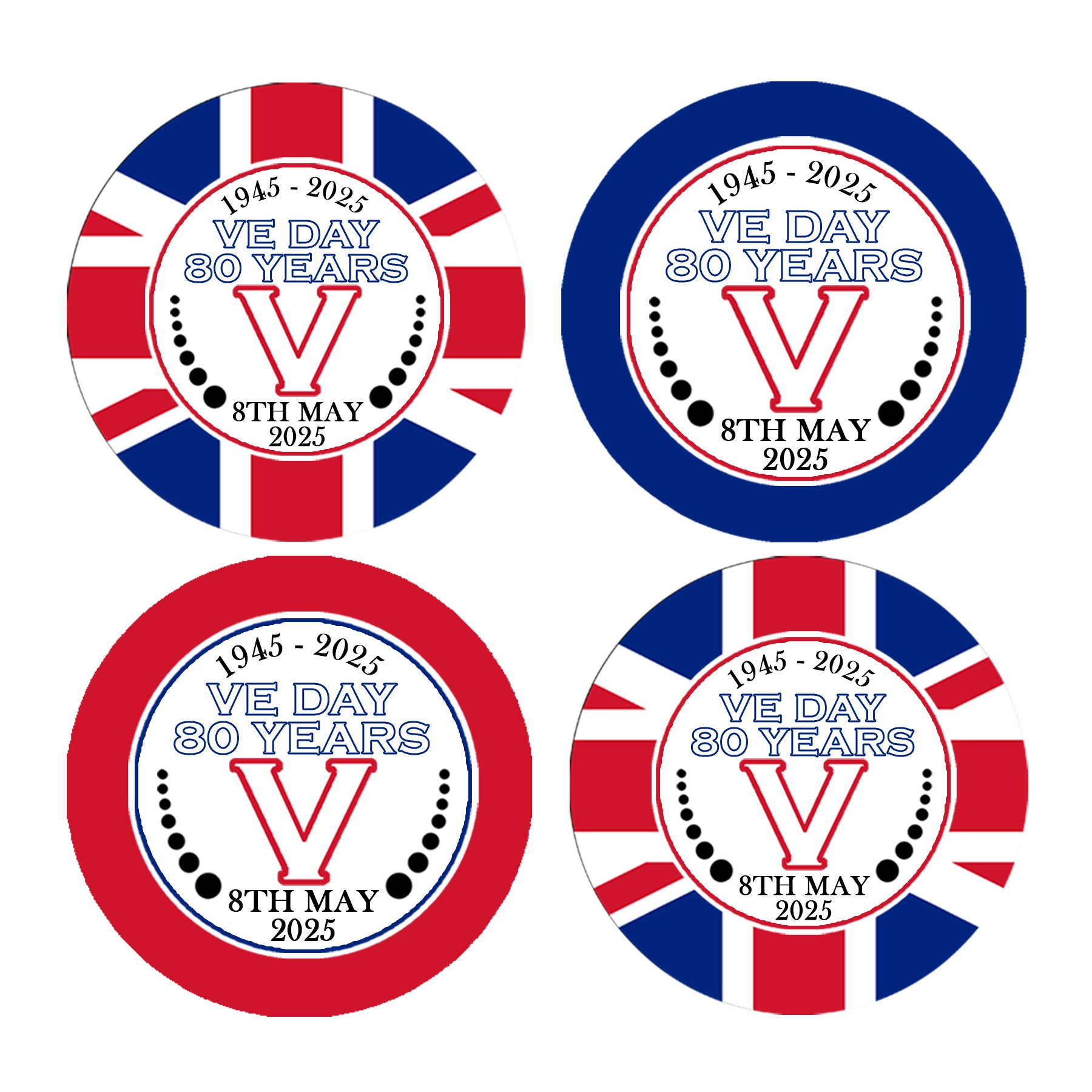 VE Day 80 Years Celebration Sticker Sheet perfect for street parties! VE Day Party Decor Sizes 4.5cm / 3.7cm