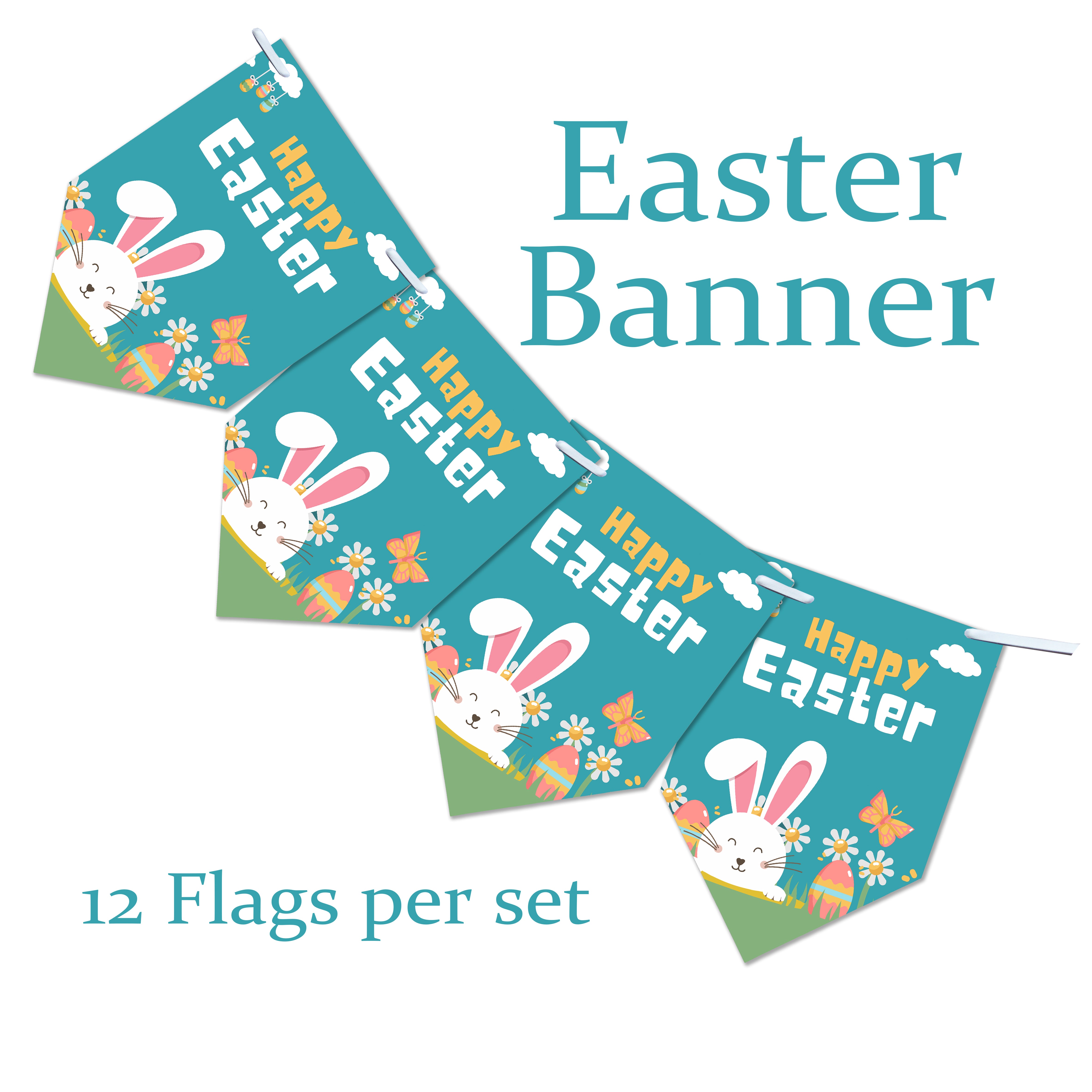 Happy Easter Spring Bunting | Easter Party Decoration | Pastel Pendant Banner | Home & Garden Decor | 12 Flags