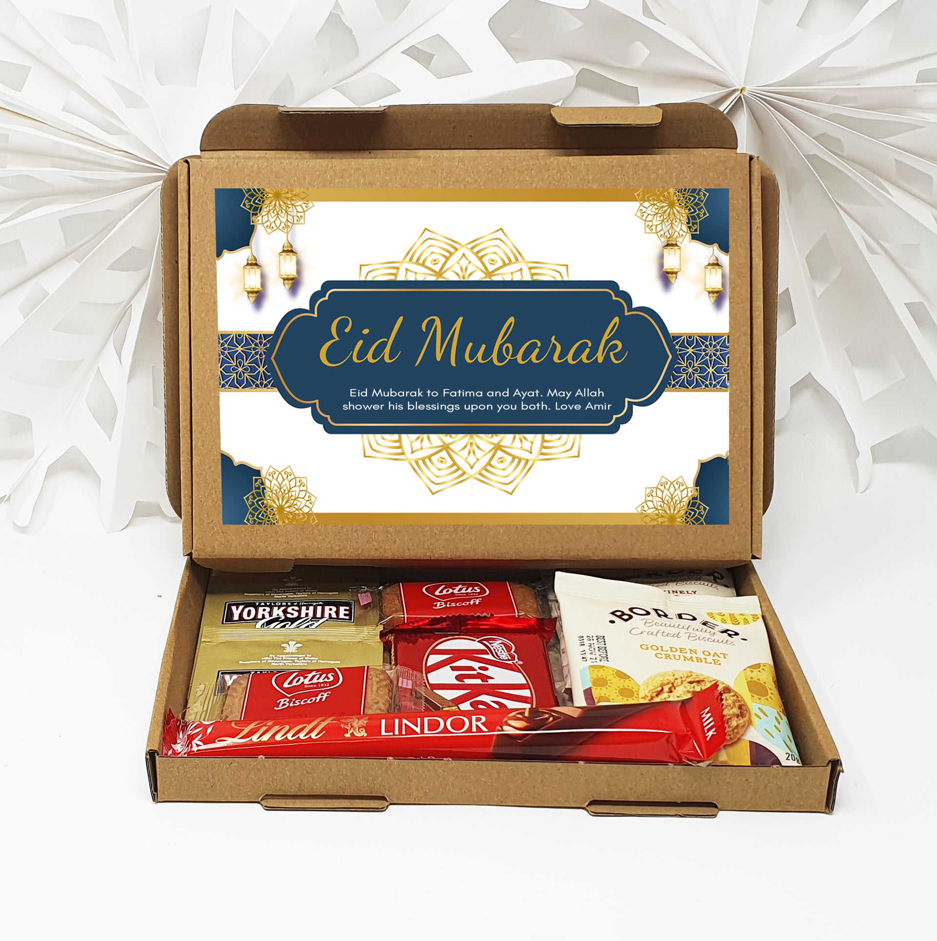 Personalised Eid Mubarak Eid Sweets Hug in a box, Letterbox gift Afternoon tea, hamper gift - Blue Design