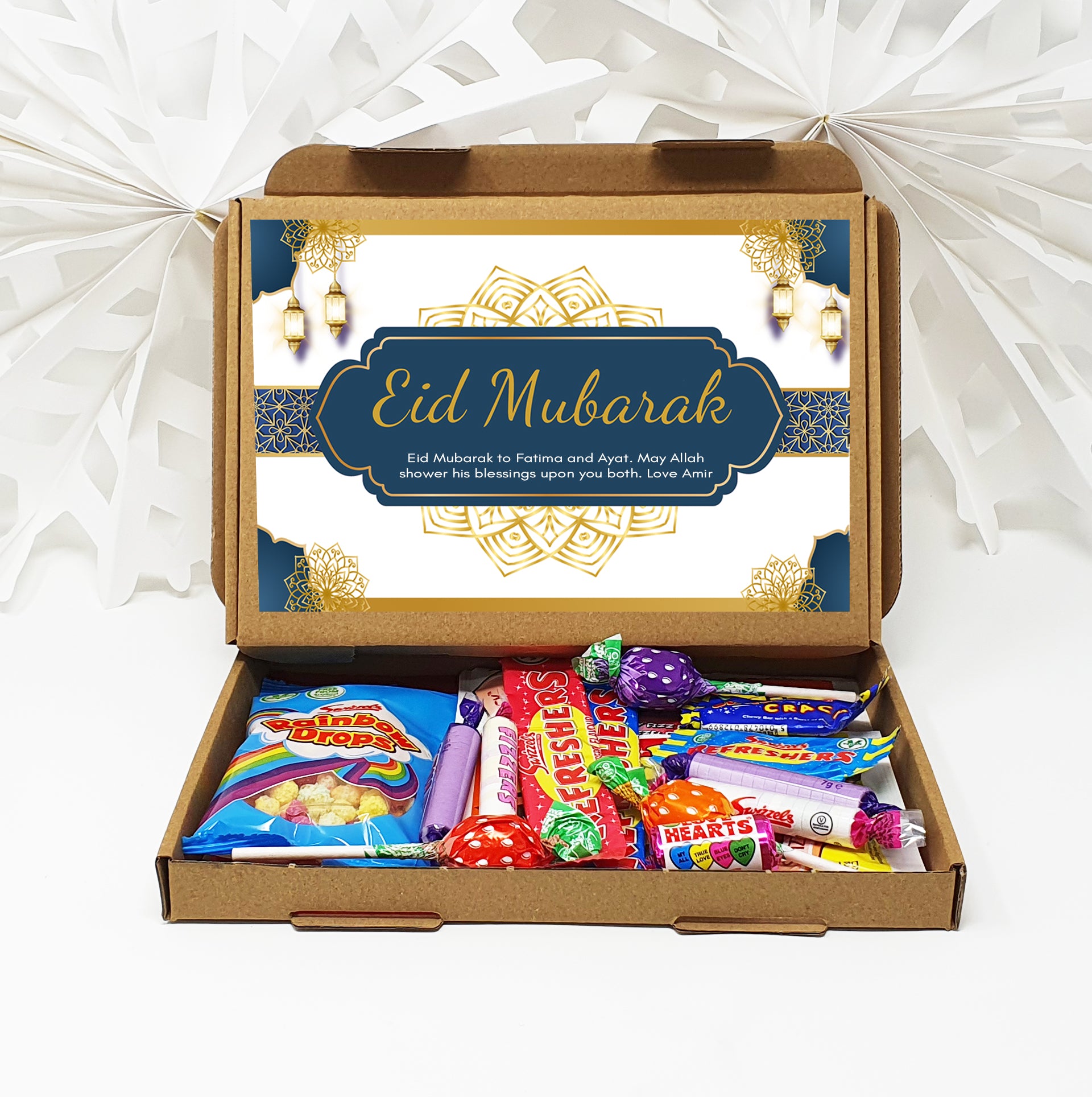 Personalised Eid Mubarak Eid Sweets Hug in a box, Letterbox gift Afternoon tea, hamper gift - Blue Design