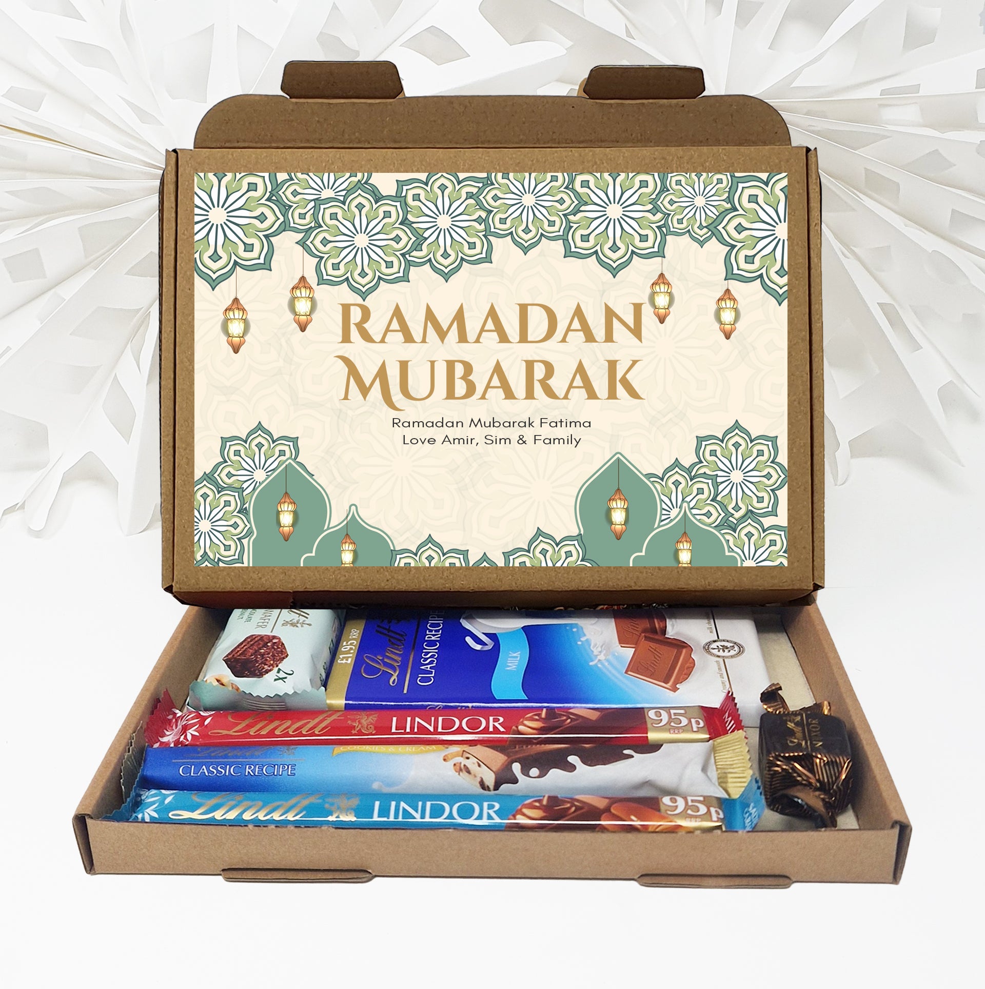 Personalised Eid / Ramadan Mubarak Eid Sweets Hug in a box, Letterbox gift Afternoon tea, hamper gift - Teal Design