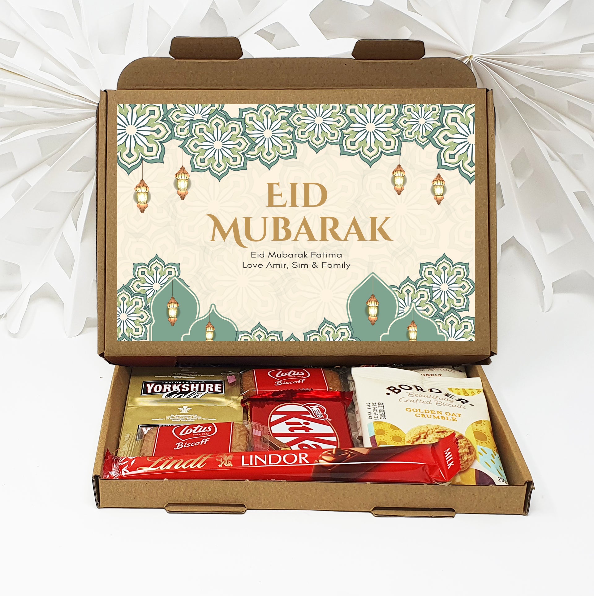Personalised Eid / Ramadan Mubarak Eid Sweets Hug in a box, Letterbox gift Afternoon tea, hamper gift - Teal Design