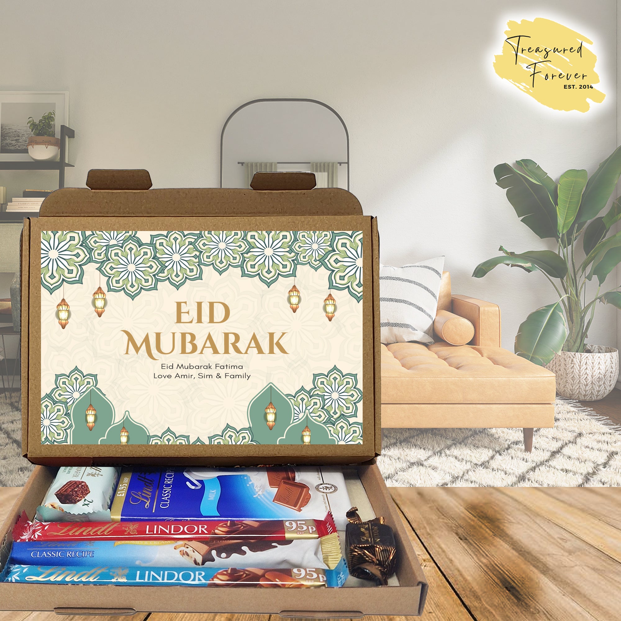 Personalised Eid / Ramadan Mubarak Eid Sweets Hug in a box, Letterbox gift Afternoon tea, hamper gift - Teal Design
