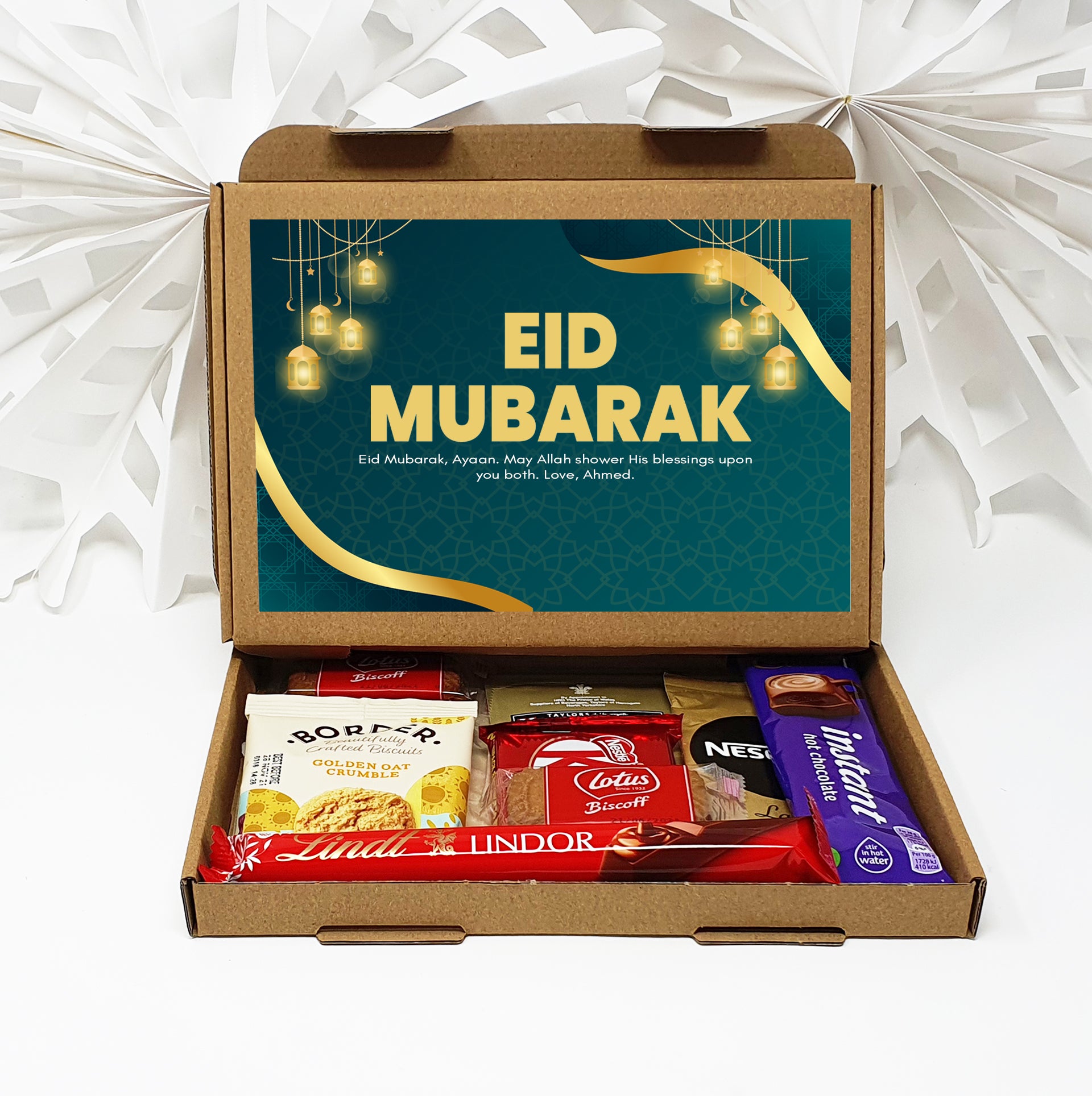 Personalised Eid Mubarak Eid Sweets Hug in a box, Letterbox gift Afternoon tea, hamper gift - Teal Design