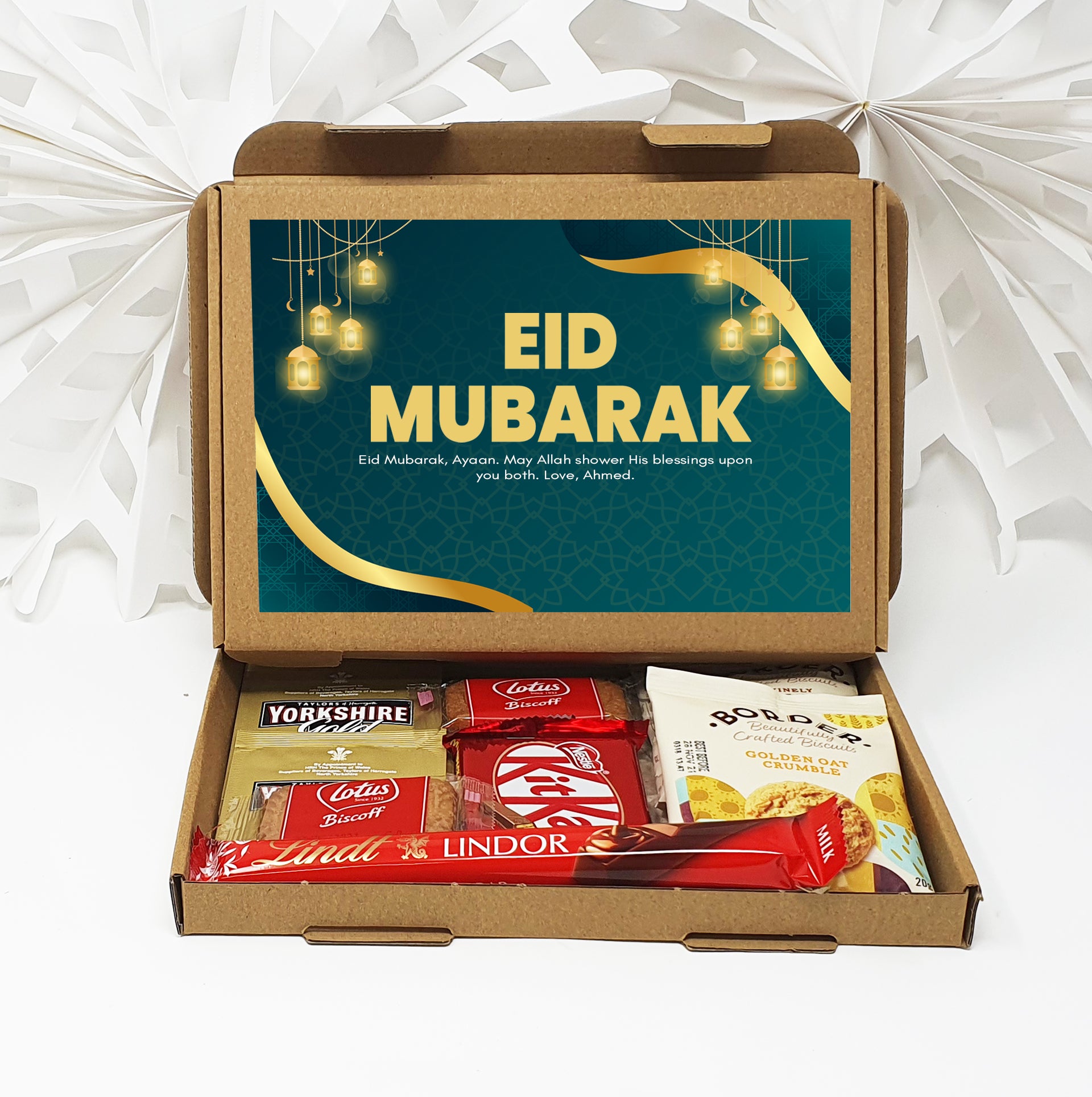 Personalised Eid Mubarak Eid Sweets Hug in a box, Letterbox gift Afternoon tea, hamper gift - Teal Design