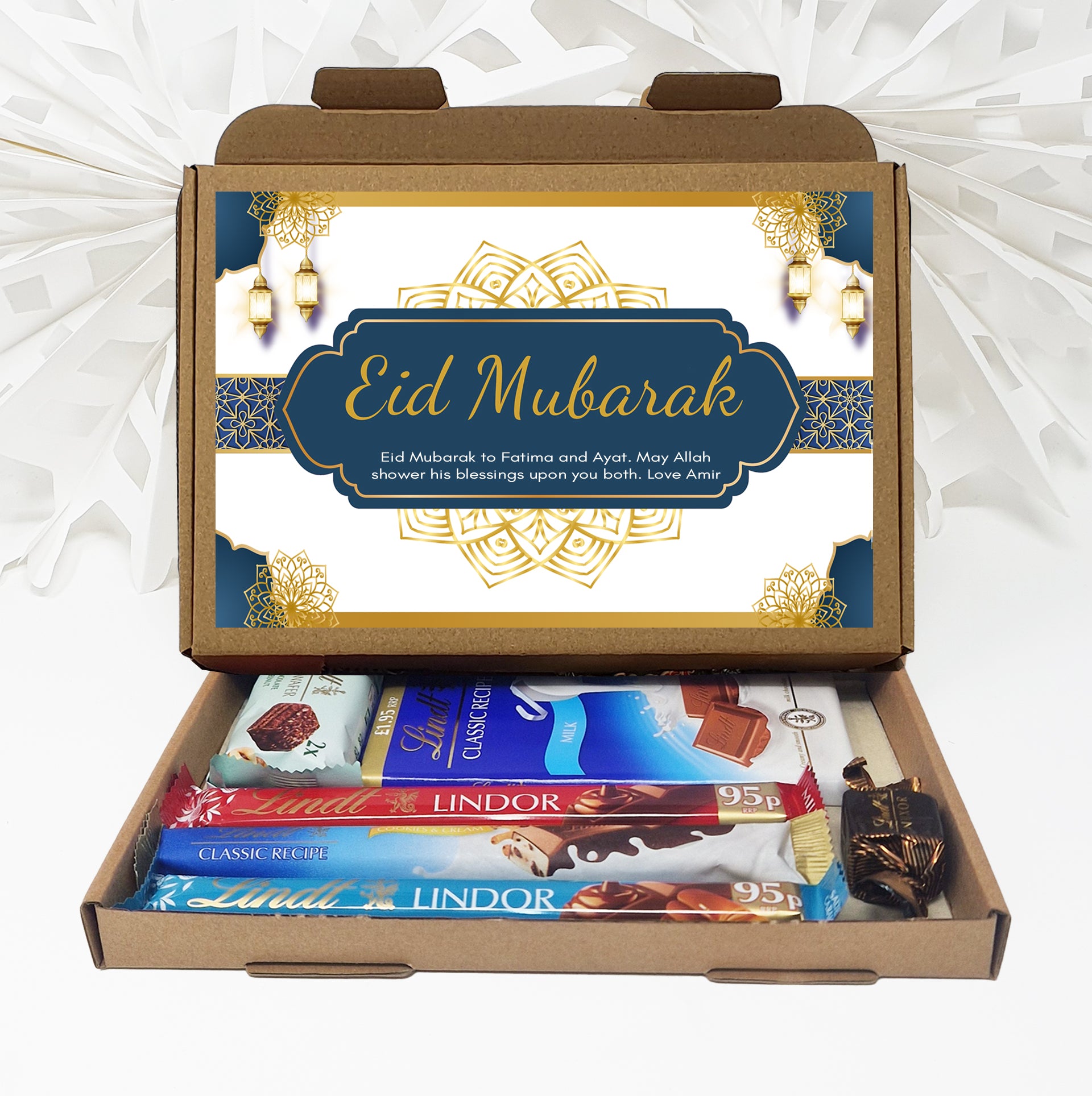 Personalised Eid Mubarak Eid Sweets Hug in a box, Letterbox gift Afternoon tea, hamper gift - Blue Design