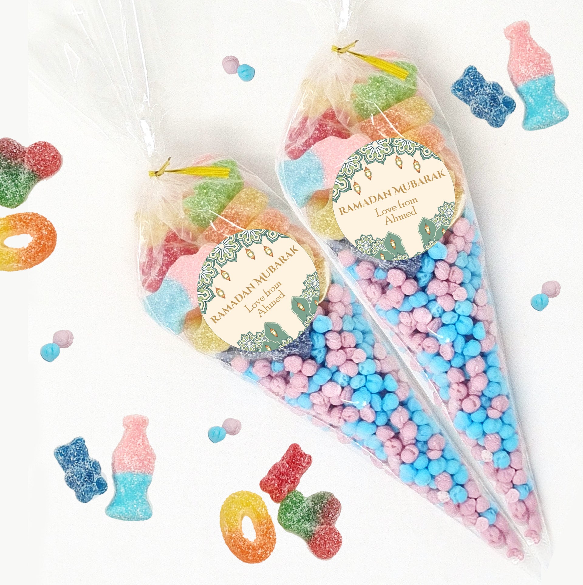 Personalised Eid Mubarak Sweet Cones Stickers Ramadan Mubarak Sweets | Halal Sweet Cones | Eid Sweets Party Favours | Gifts for Ramadan