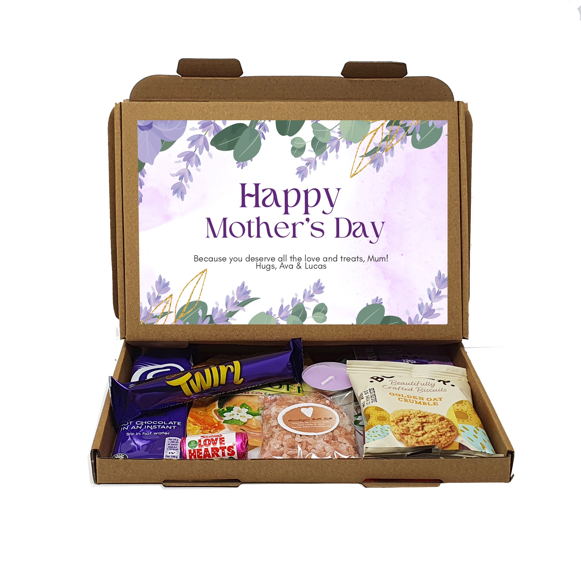 Personalised Mother's Day Pamper & Treat Box – Tea, Biscuits and Self-Care Letterbox Gift | Hug in a Box | Thinking of You Hamper - Lilac Floral
