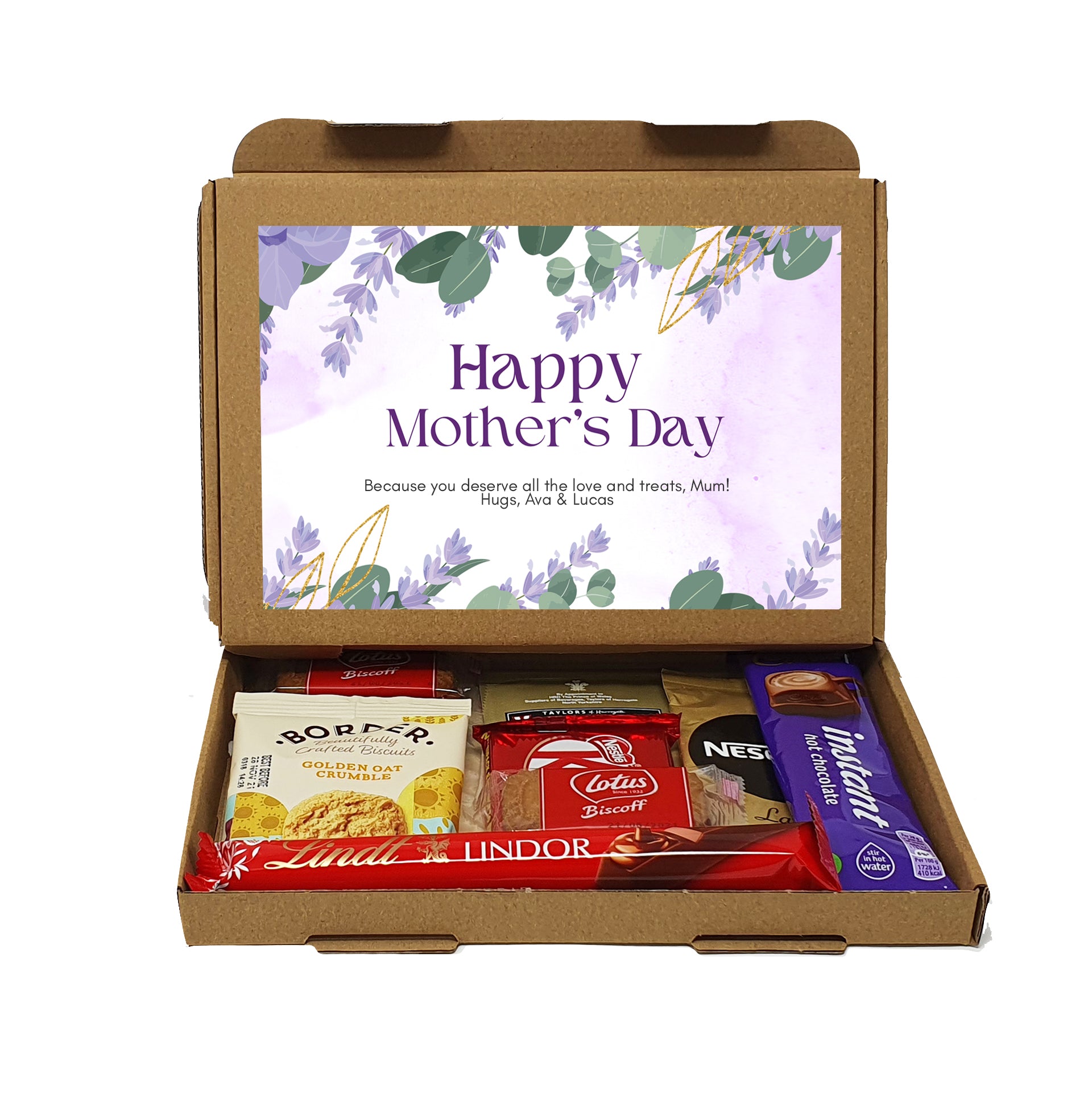Personalised Mother's Day Pamper & Treat Box – Tea, Biscuits and Self-Care Letterbox Gift | Hug in a Box | Thinking of You Hamper - Lilac Floral