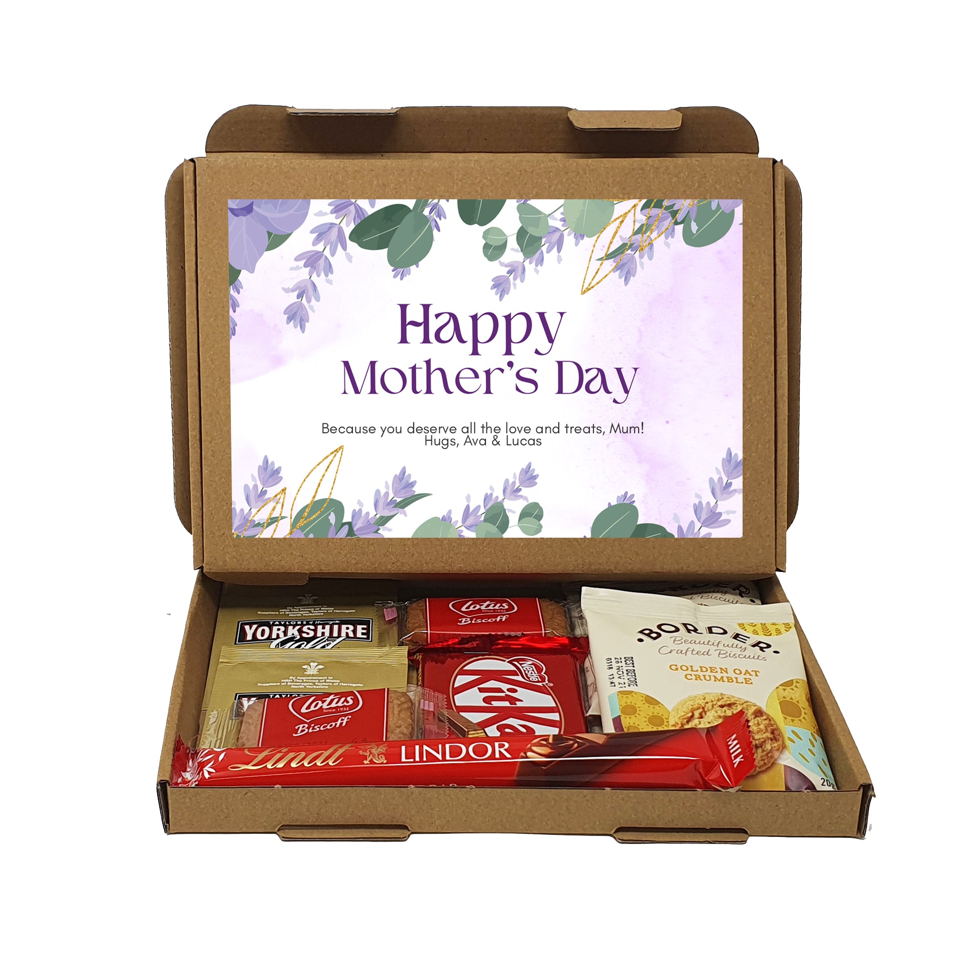 Personalised Mother's Day Pamper & Treat Box – Tea, Biscuits and Self-Care Letterbox Gift | Hug in a Box | Thinking of You Hamper - Lilac Floral