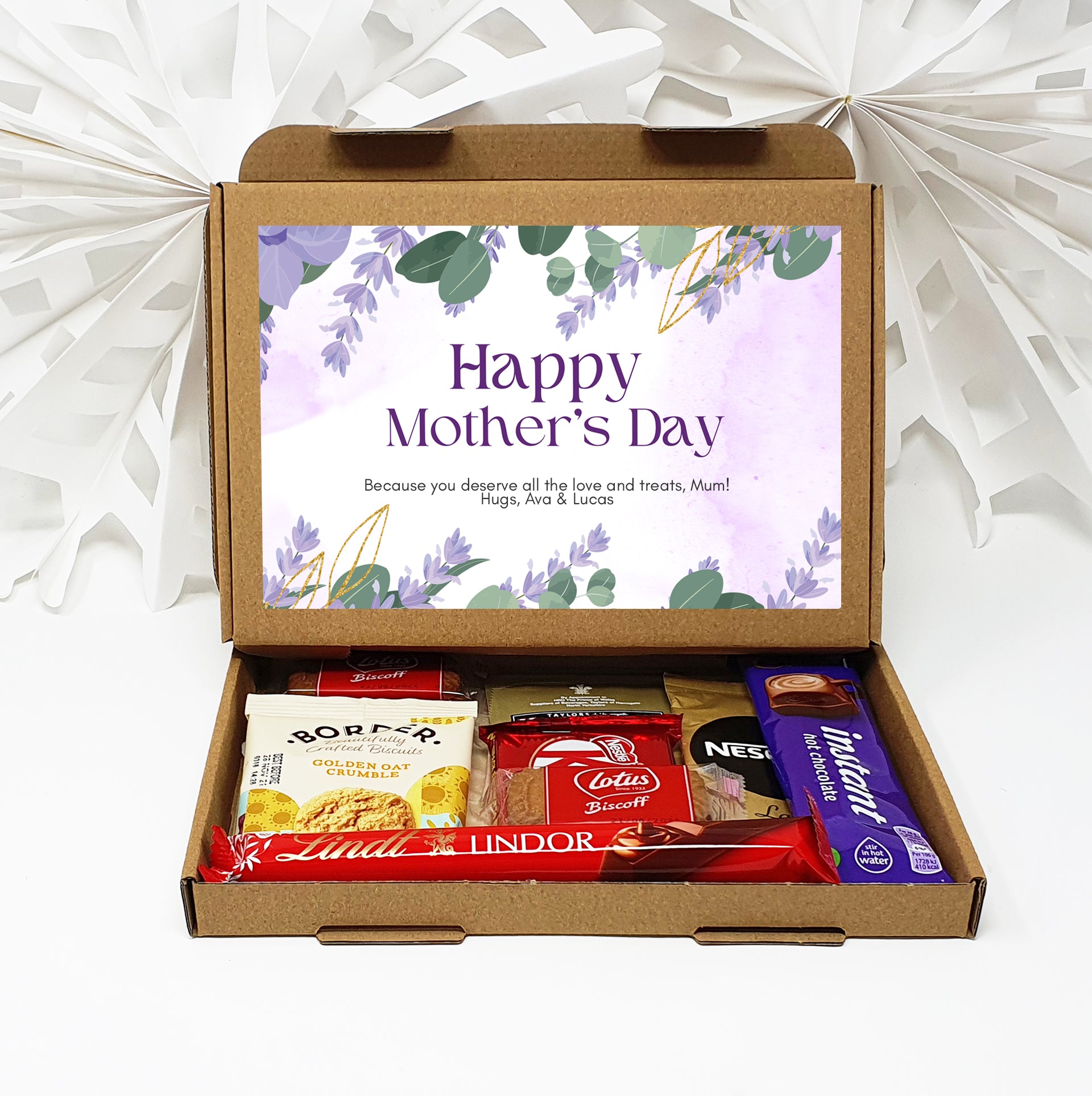 Personalised Mother's Day Pamper & Treat Box – Tea, Biscuits and Self-Care Letterbox Gift | Hug in a Box | Thinking of You Hamper - Lilac Floral
