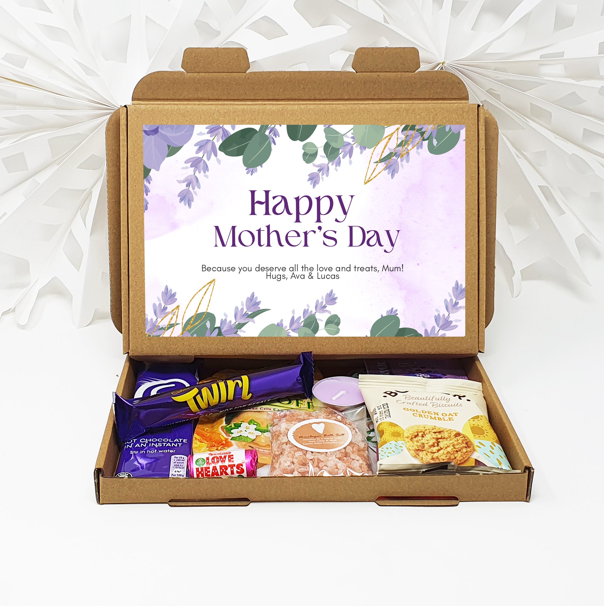 Personalised Mother's Day Pamper & Treat Box – Tea, Biscuits and Self-Care Letterbox Gift | Hug in a Box | Thinking of You Hamper - Lilac Floral