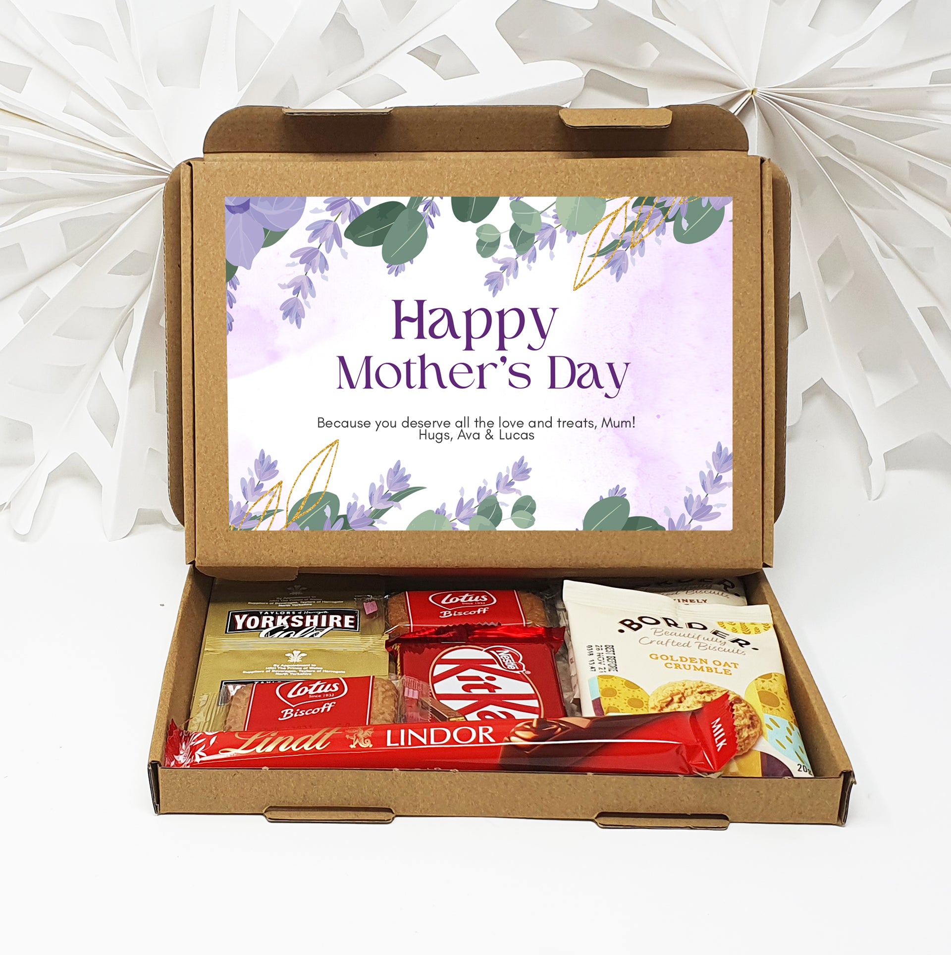 Personalised Mother's Day Pamper & Treat Box – Tea, Biscuits and Self-Care Letterbox Gift | Hug in a Box | Thinking of You Hamper - Lilac Floral