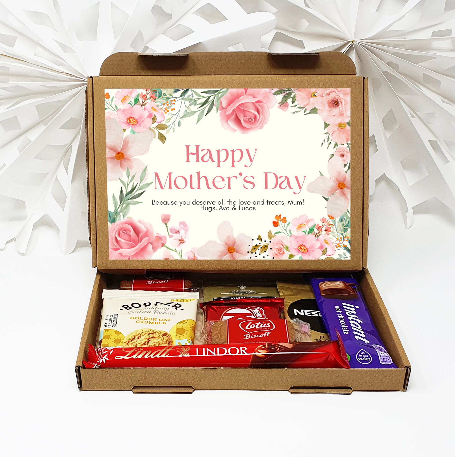 Personalised Mother's Day Pamper & Treat Box – Tea, Biscuits and Self-Care Letterbox Gift | Hug in a Box | Thinking of You Hamper - Pink Floral