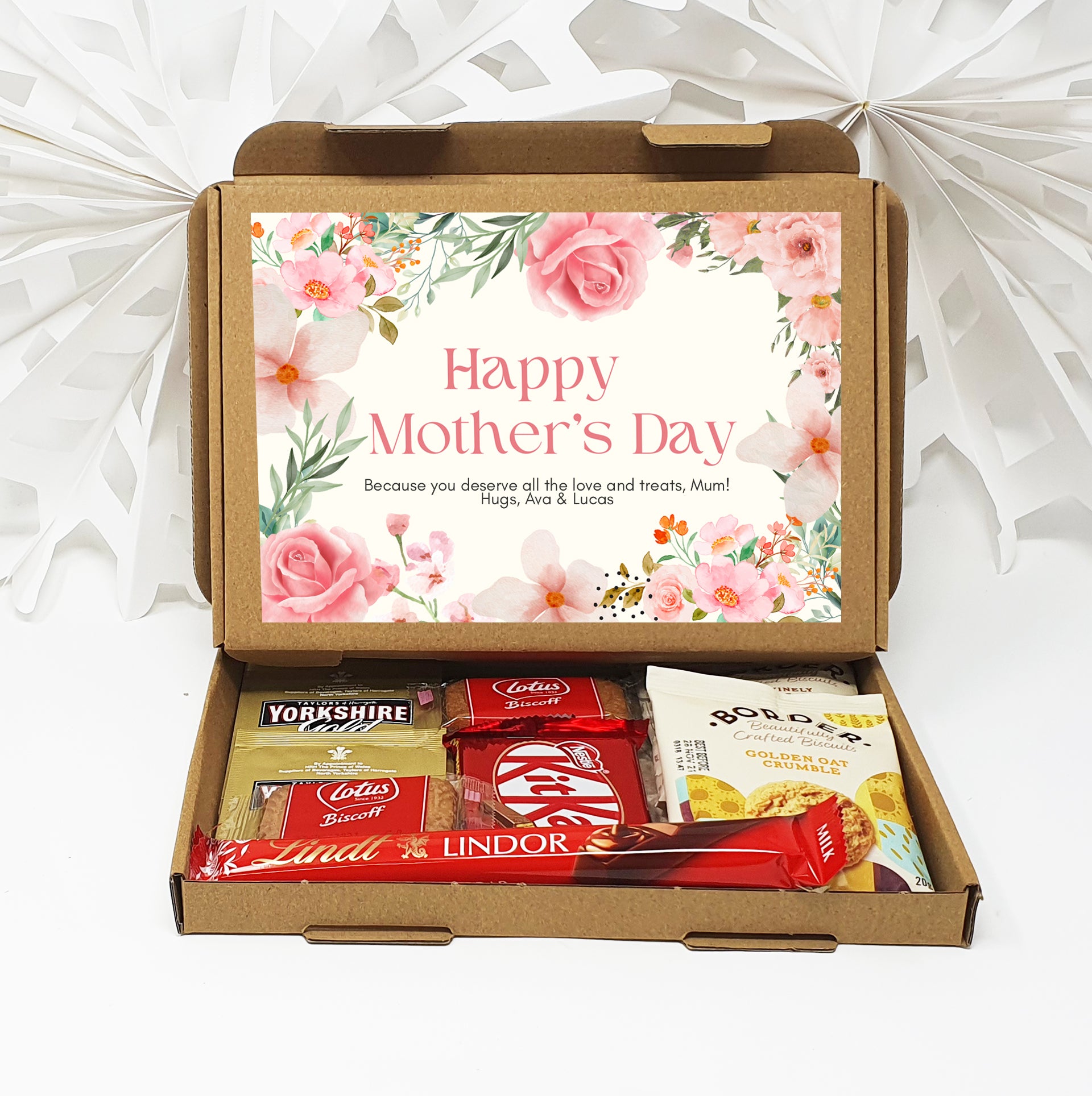 Personalised Mother's Day Pamper & Treat Box – Tea, Biscuits and Self-Care Letterbox Gift | Hug in a Box | Thinking of You Hamper - Pink Floral