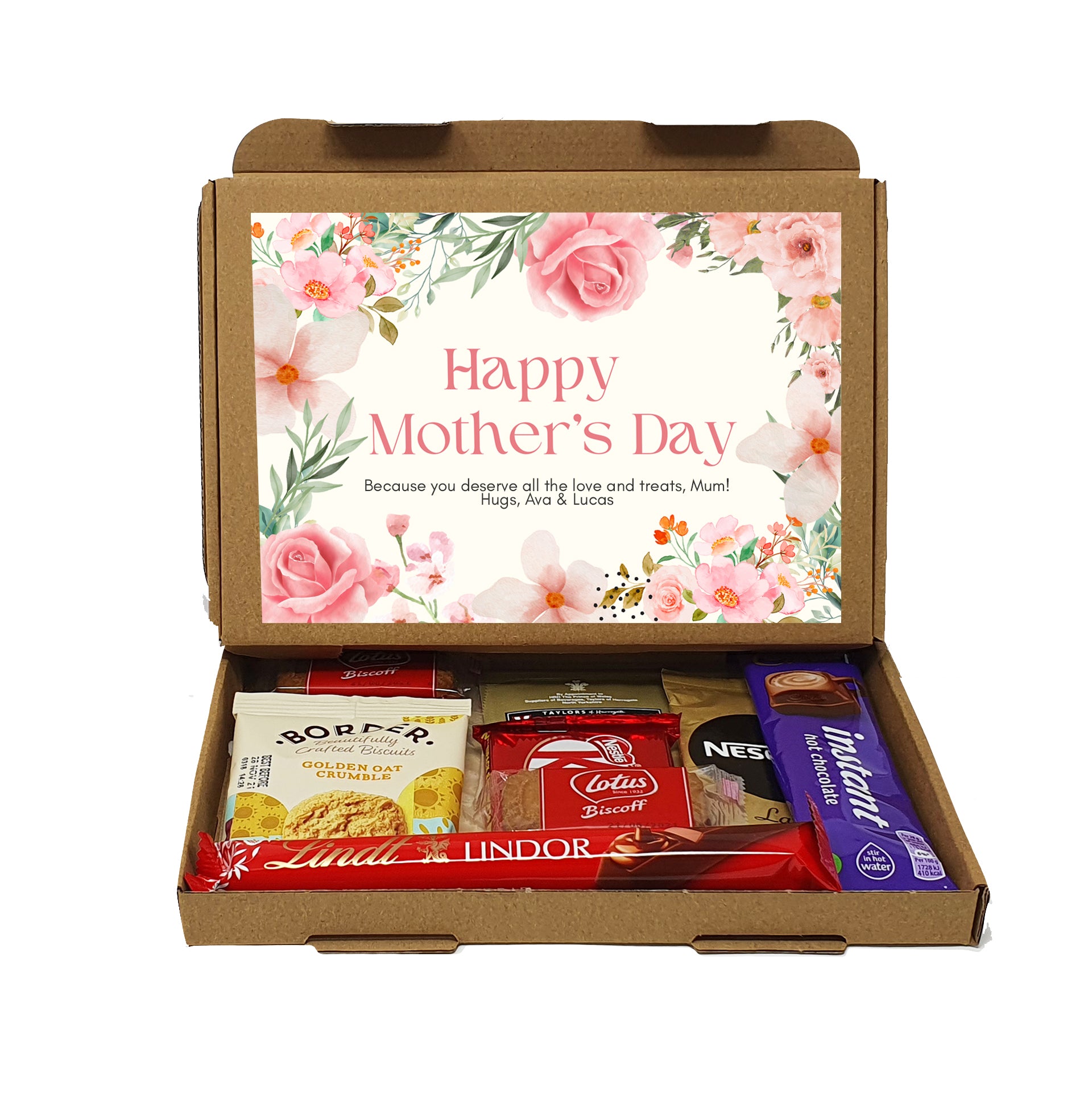 Personalised Mother's Day Pamper & Treat Box – Tea, Biscuits and Self-Care Letterbox Gift | Hug in a Box | Thinking of You Hamper - Pink Floral