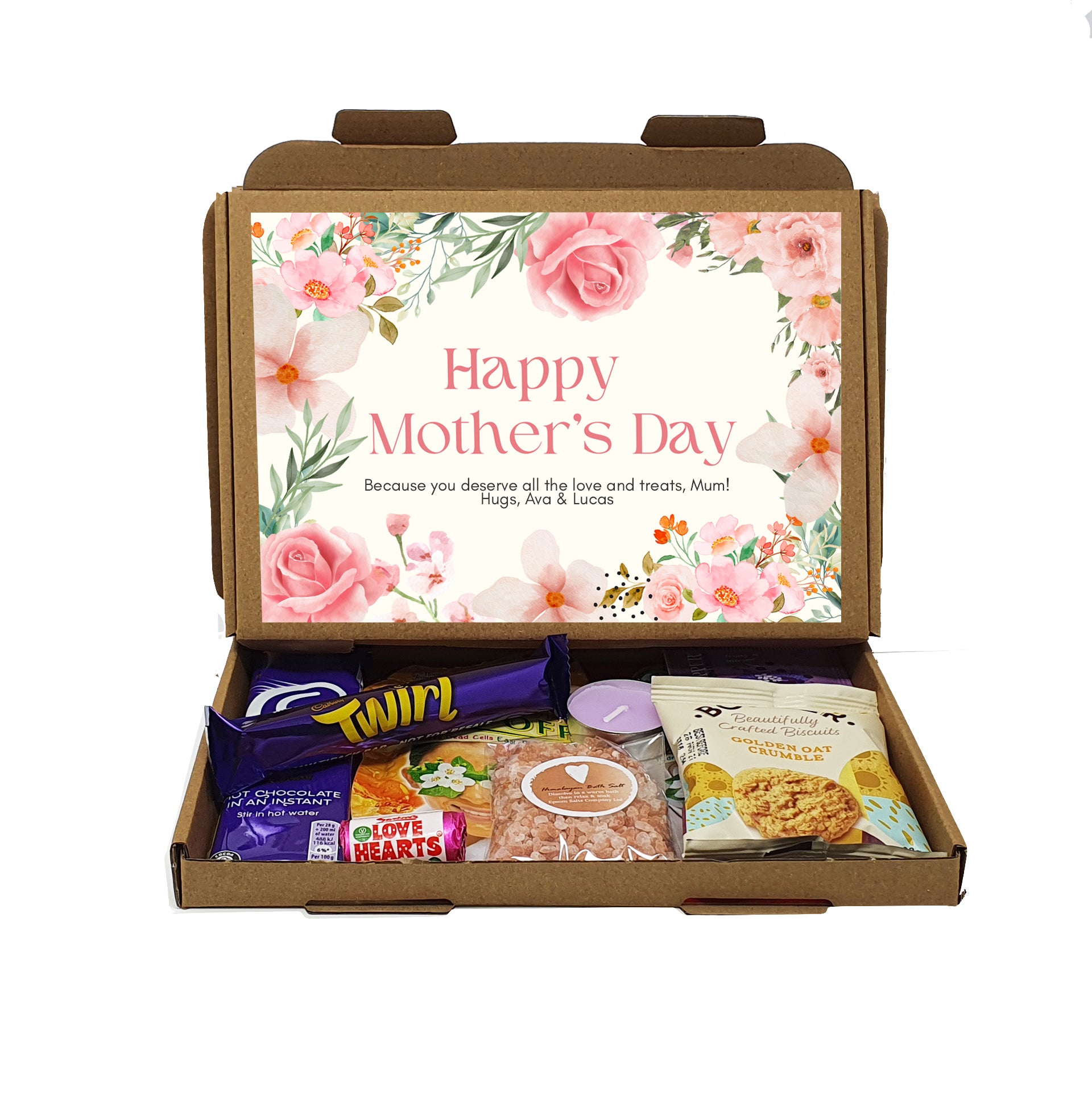 Personalised Mother's Day Pamper & Treat Box – Tea, Biscuits and Self-Care Letterbox Gift | Hug in a Box | Thinking of You Hamper - Pink Floral