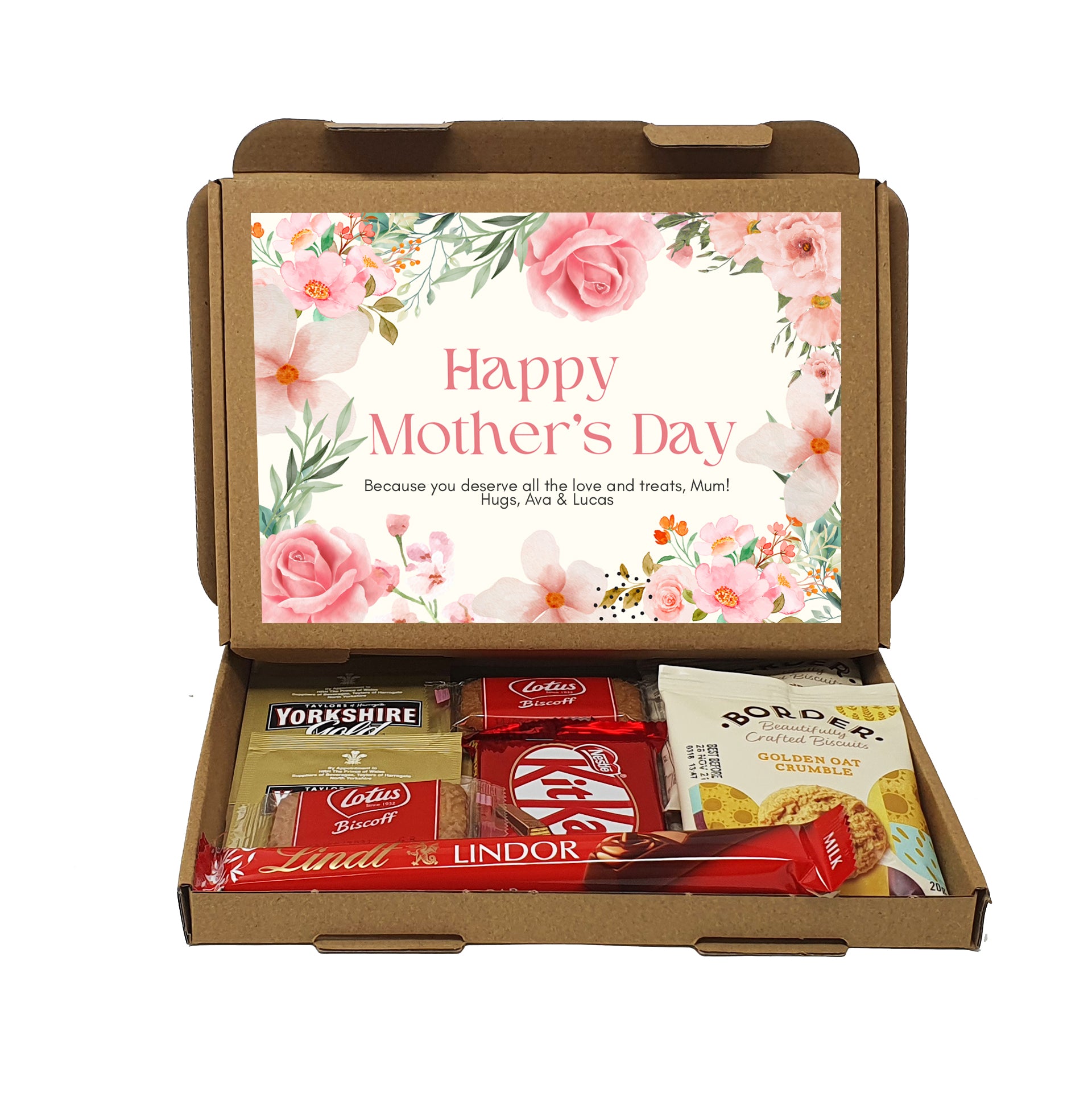 Personalised Mother's Day Pamper & Treat Box – Tea, Biscuits and Self-Care Letterbox Gift | Hug in a Box | Thinking of You Hamper - Pink Floral
