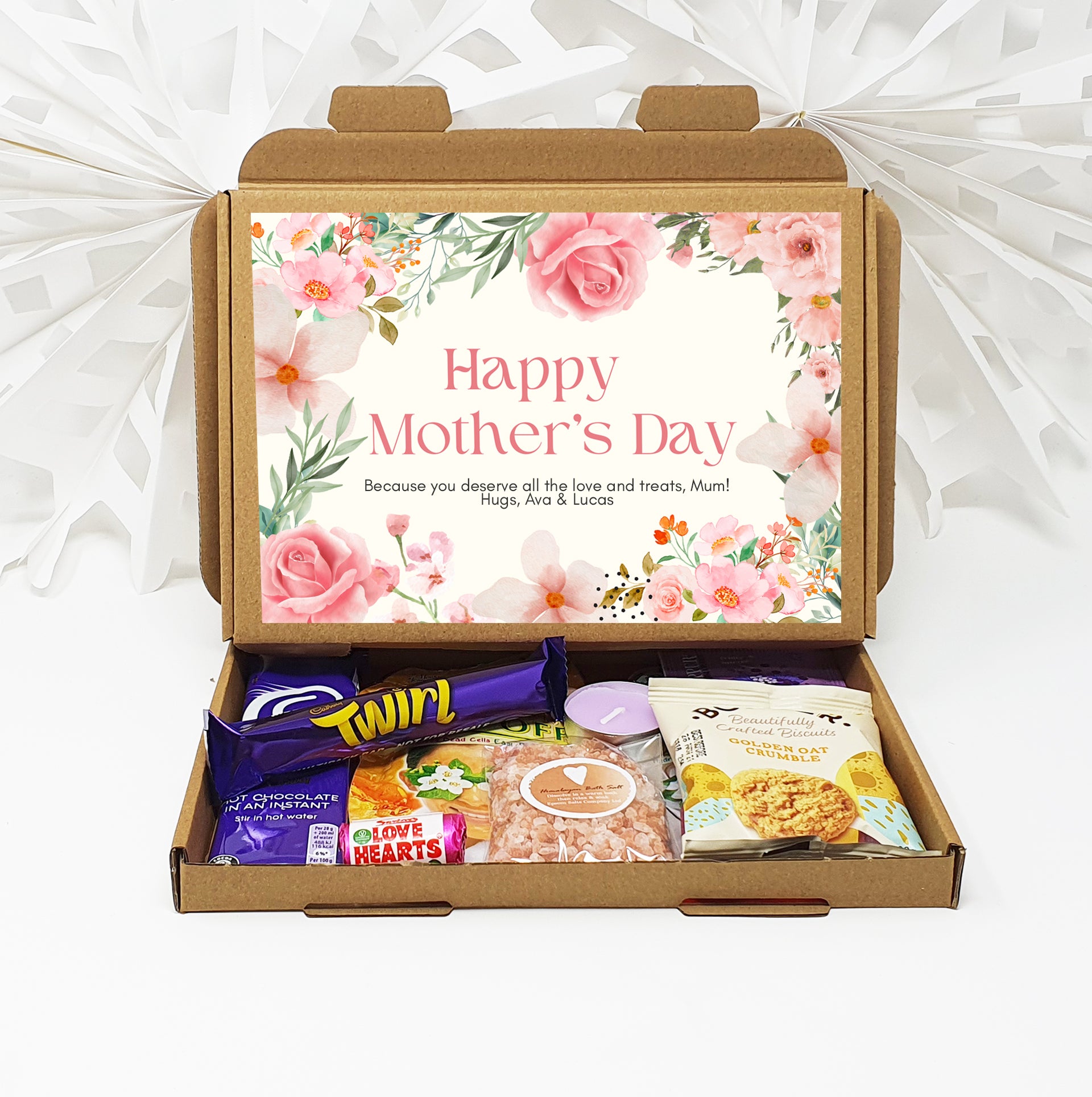 Personalised Mother's Day Pamper & Treat Box – Tea, Biscuits and Self-Care Letterbox Gift | Hug in a Box | Thinking of You Hamper - Pink Floral