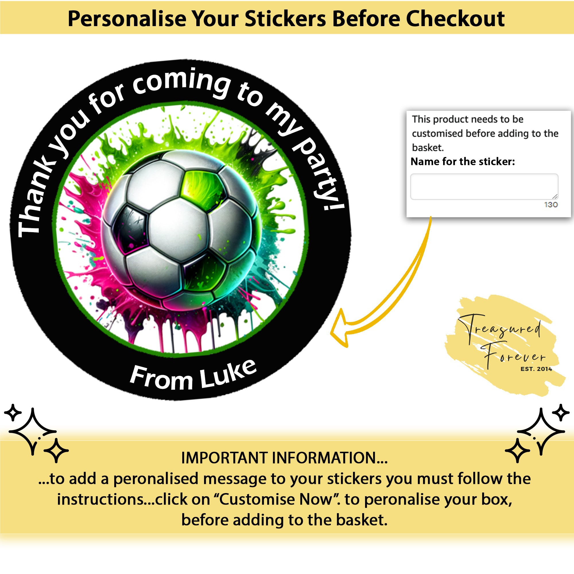 Personalised Football Birthday Stickers – Party Thank You Stickers for Sweet Cones & Favour Bags