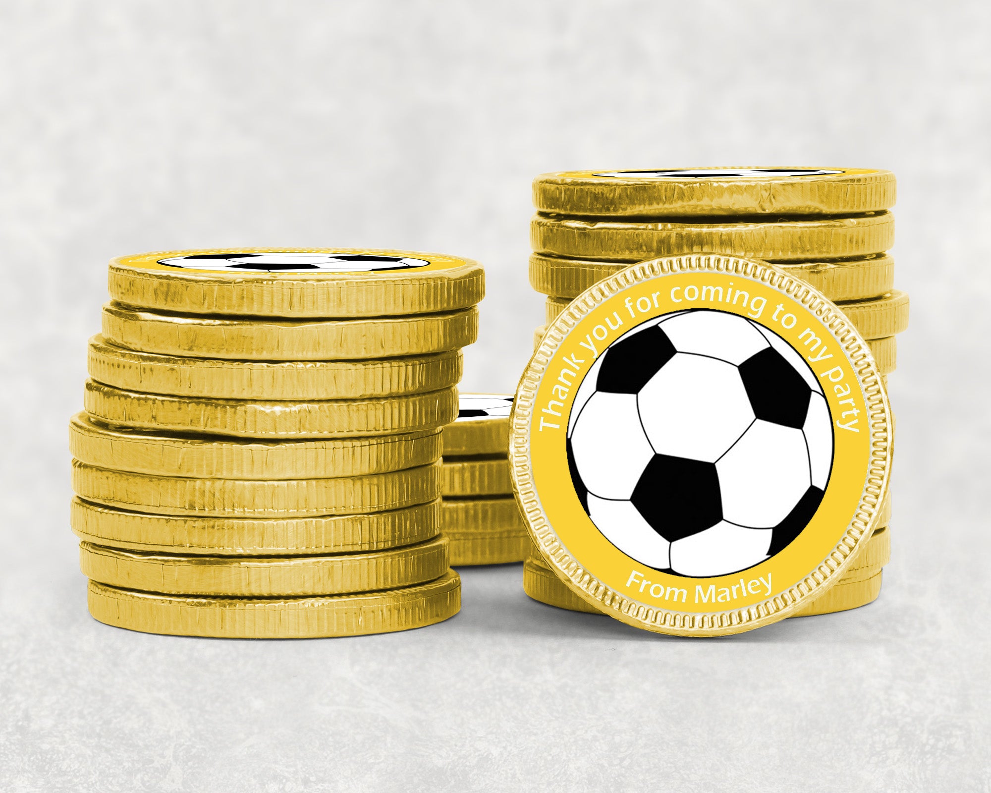 Personalised Football Birthday Chocolate Coins – Gold Foil Party Favours | Custom Name Stickers | Kids Party Bags | Bulk Options