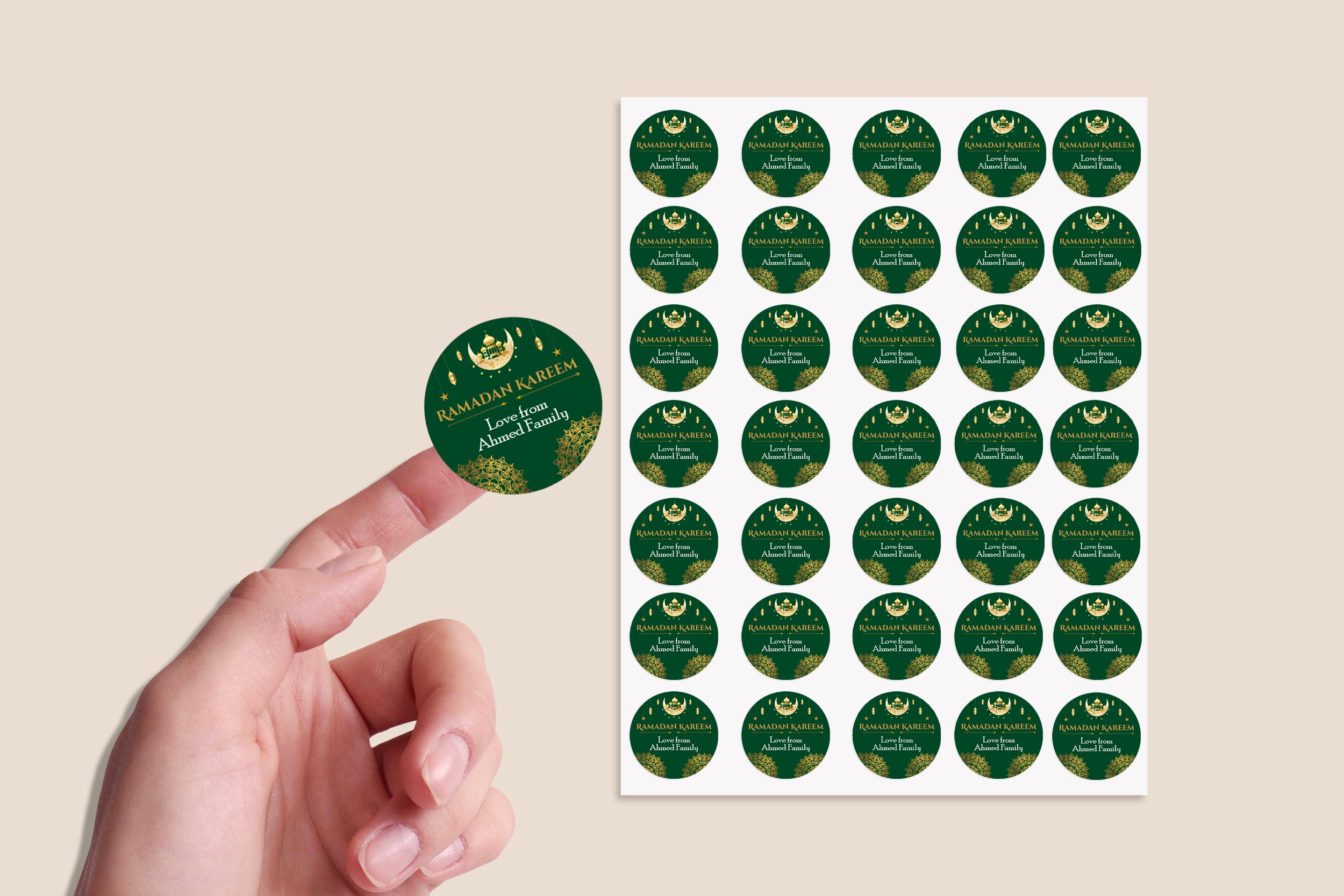 Personalised Eid Mubarak & Ramadan Kareem Celebration sticker sheet - 35 round stickers, paper eid celebration stickers, Eid Mubarak labels