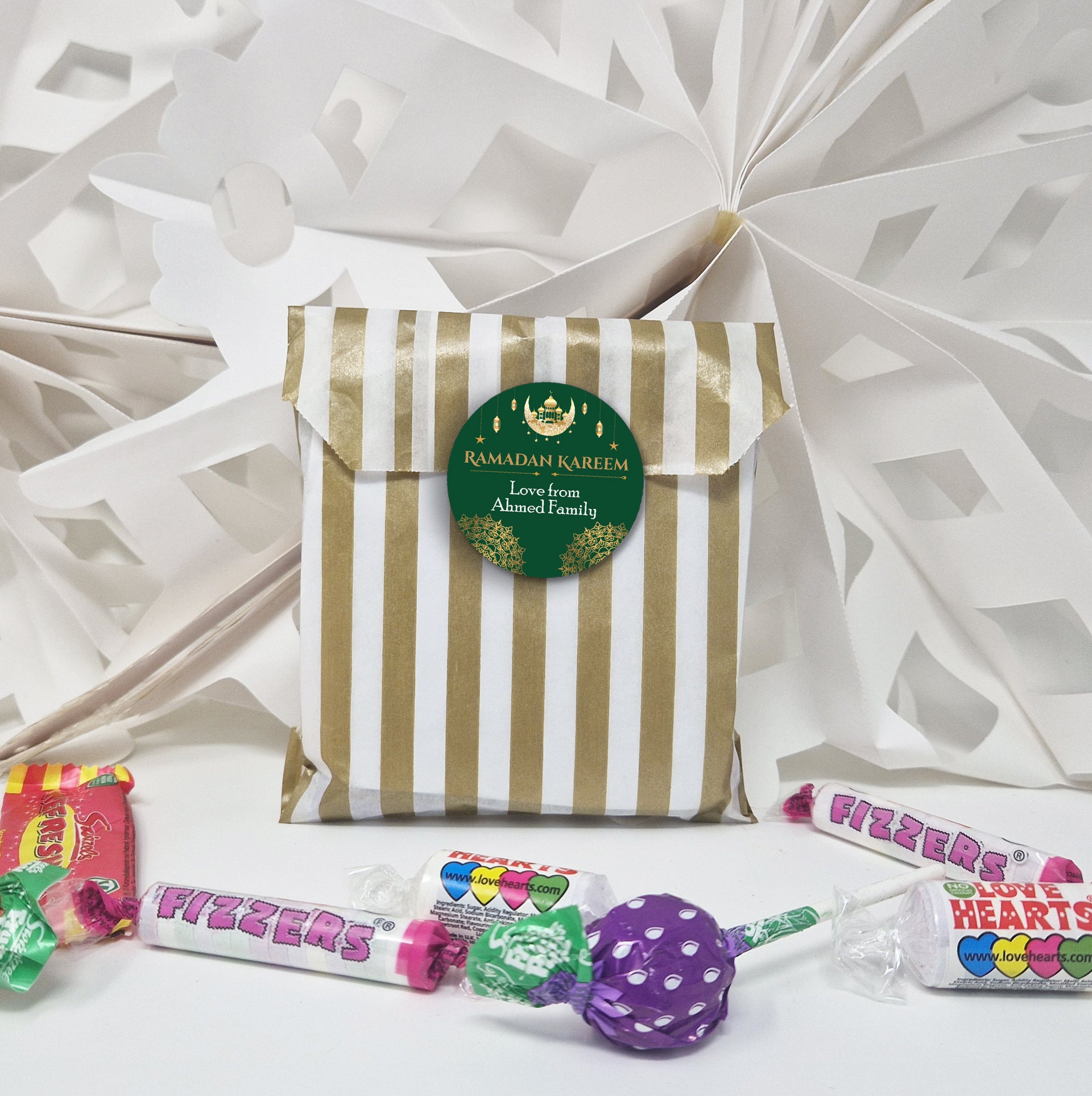 Personalised Eid Mubarak & Ramadan Kareem Celebration sticker sheet - 35 round stickers, paper eid celebration stickers, Eid Mubarak labels