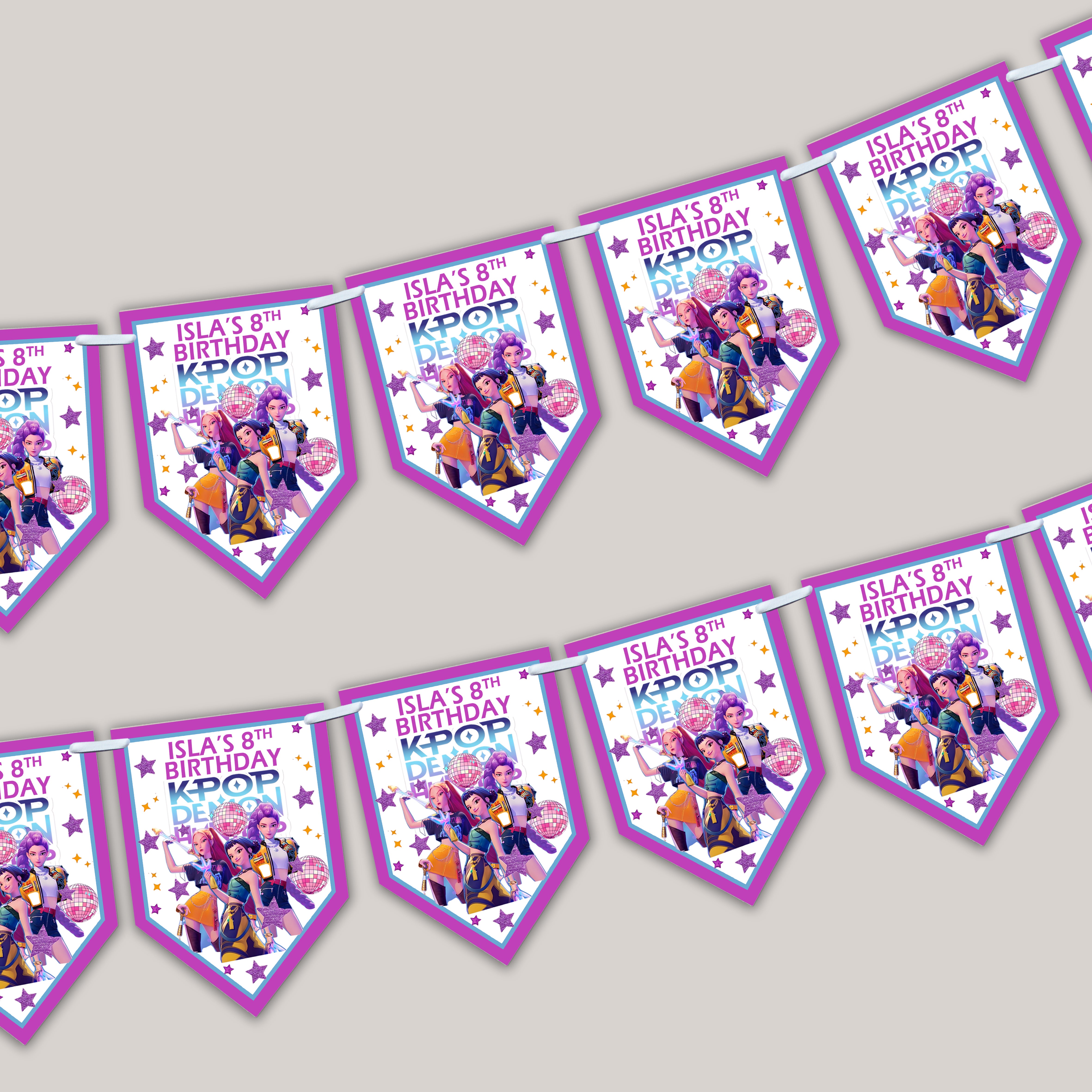 Personalised K-Pop Demon Hunters Party Bunting| Huntrix Inspired Birthday Decor| Banner Wall Decor