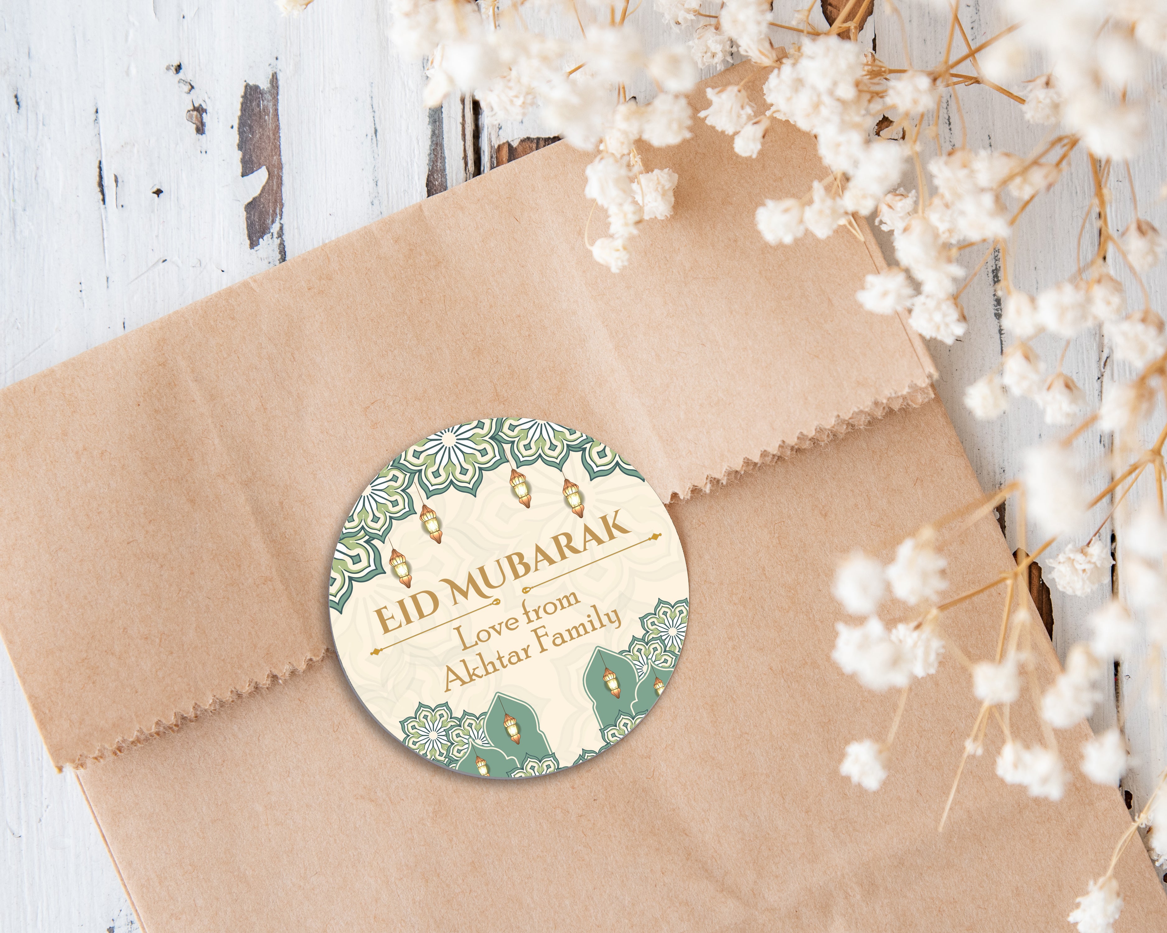 Personalised Eid Mubarak & Ramadan Kareem Celebration sticker sheet - 35 round stickers, paper eid celebration stickers, Eid Mubarak labels