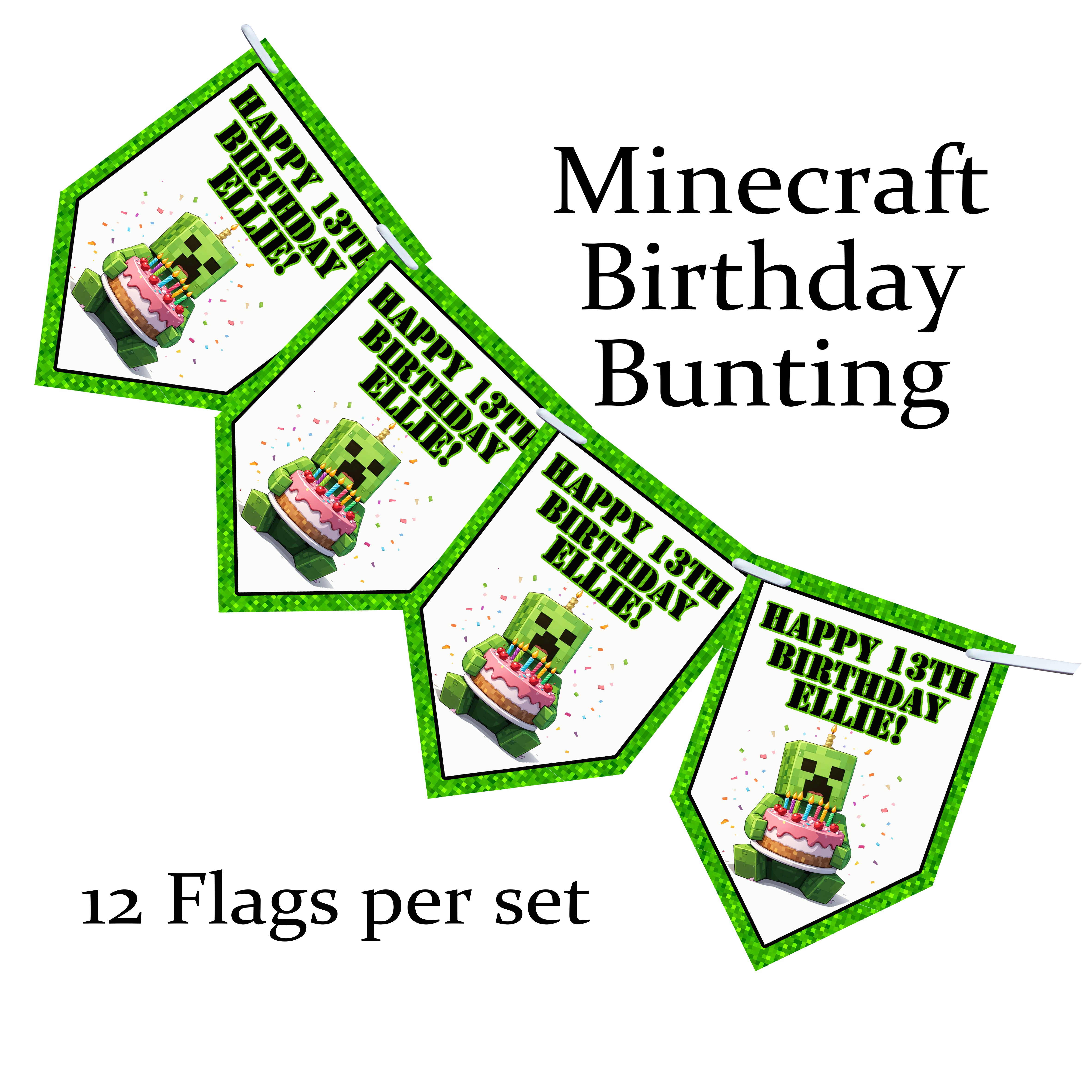 Personalised MINECRAFT Gaming Birthday Bunting Party Banner Gamer 12 Flags Decoration Card | Video Game Party Decor for Kids Teens Children