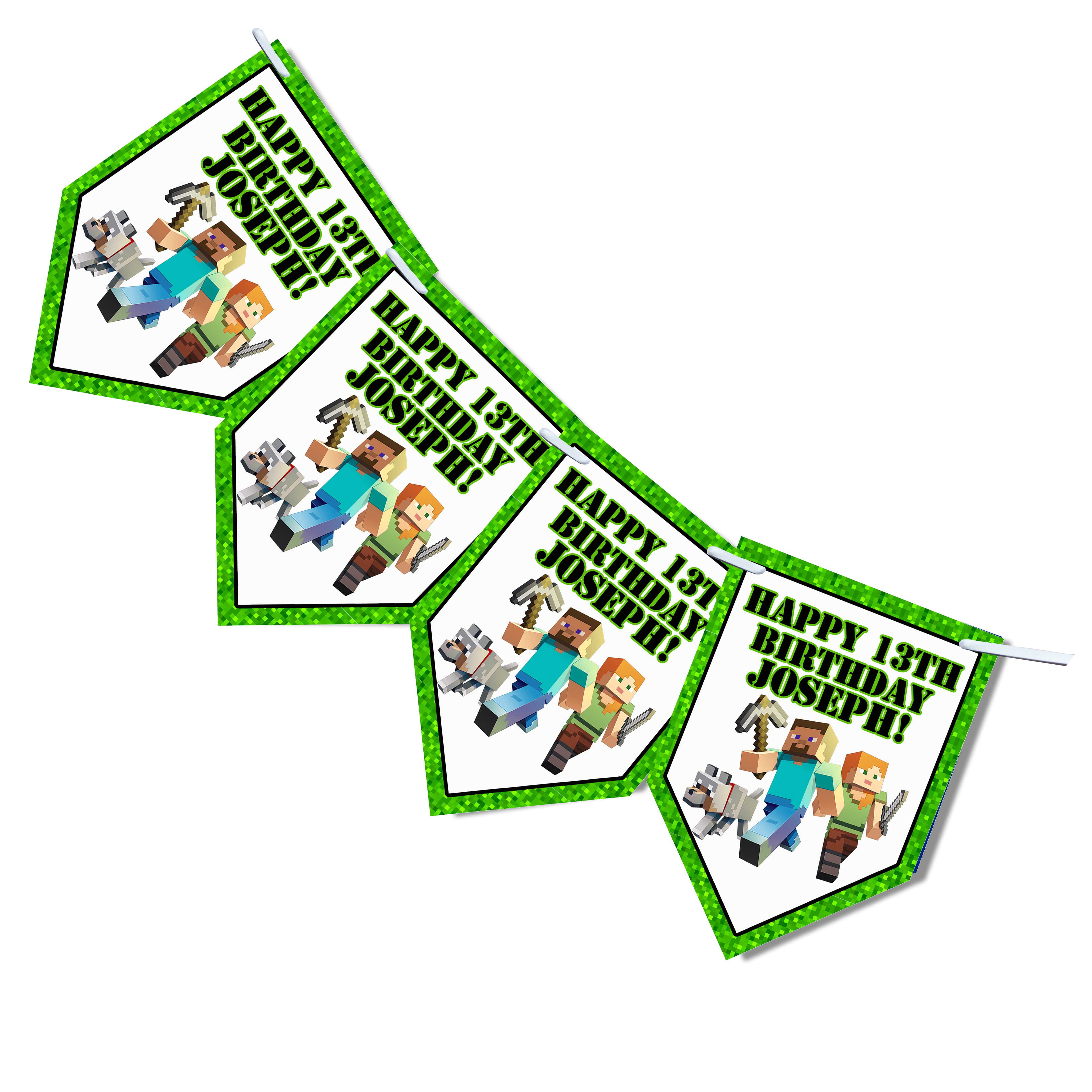 Personalised MINECRAFT Gaming Birthday Bunting Party Banner Gamer 12 Flags Decoration Card | Video Game Party Decor for Kids Teens Children