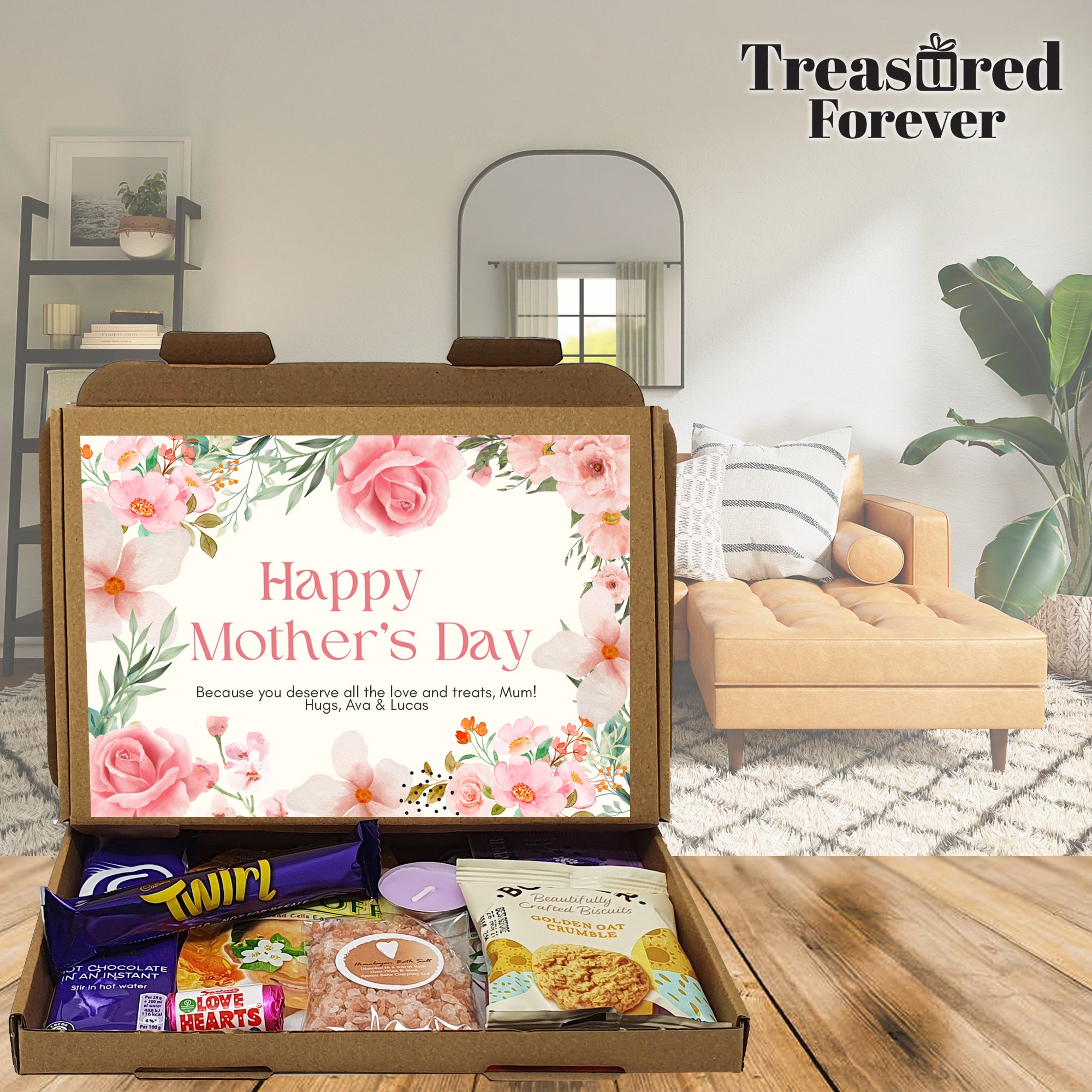 Personalised Mother's Day Pamper & Treat Box – Tea, Biscuits and Self-Care Letterbox Gift | Hug in a Box | Thinking of You Hamper - Pink Floral