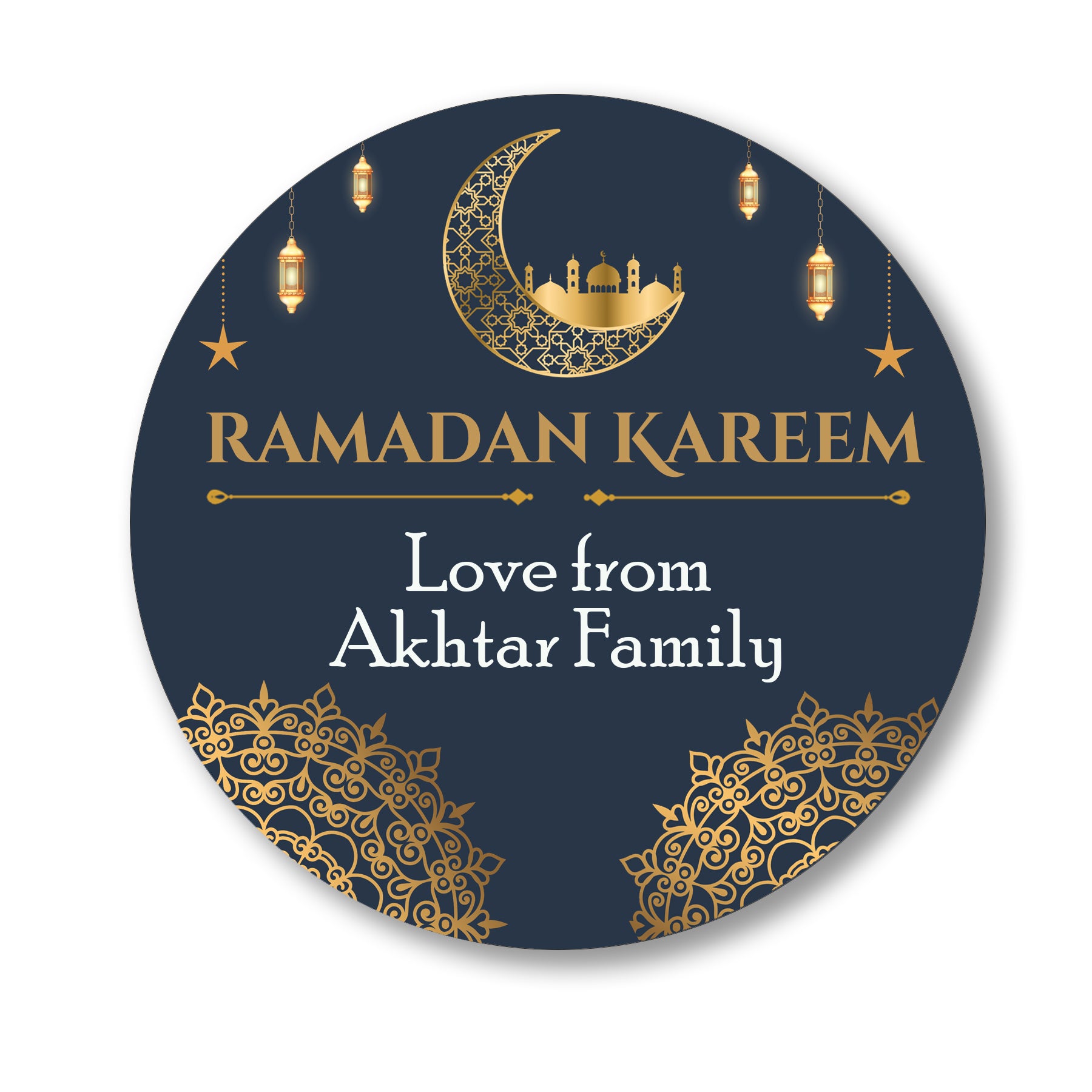 Personalised Eid Mubarak & Ramadan Kareem Celebration sticker sheet - 35 round stickers, paper Eid celebration, Eid Mubarak labels Navy