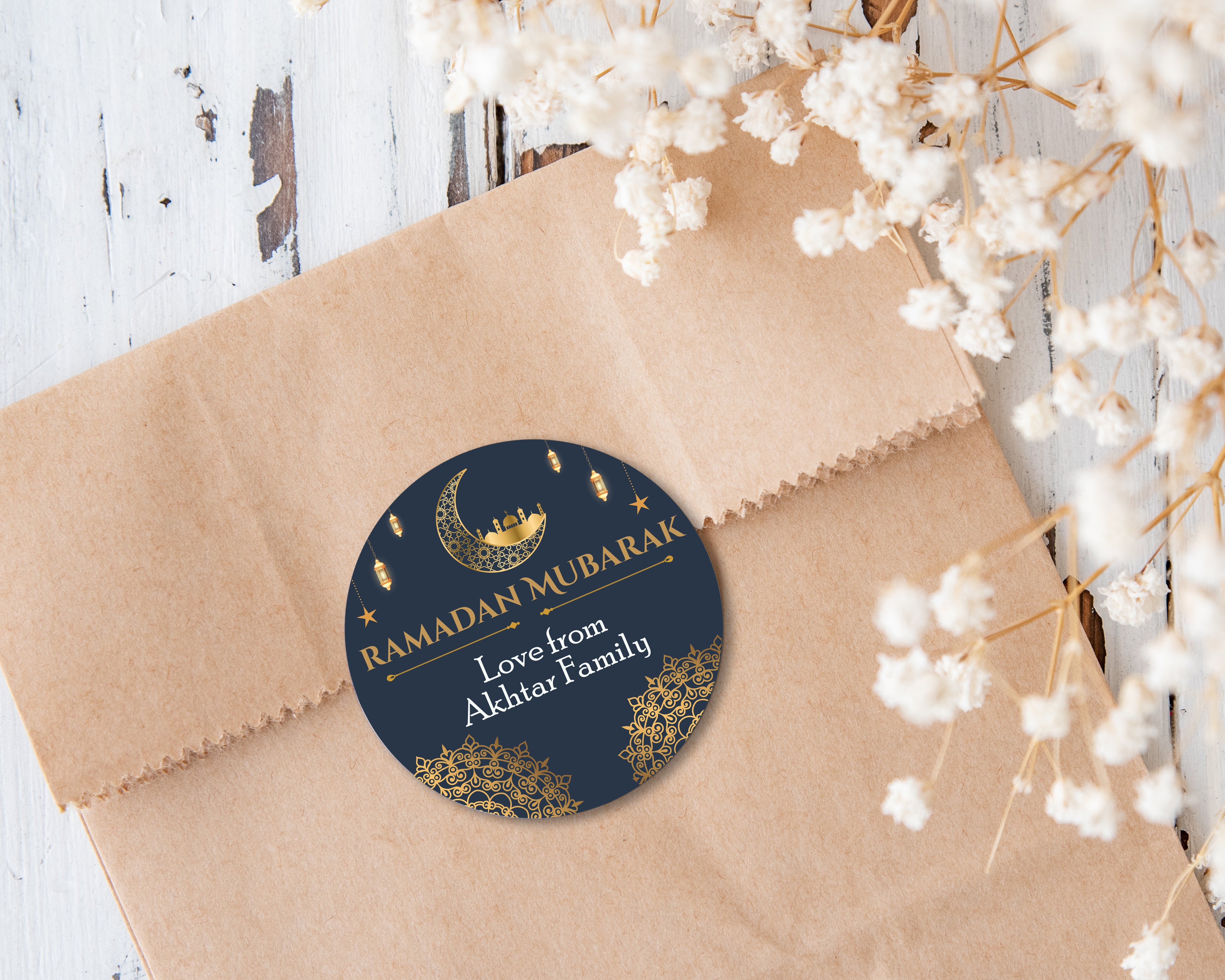 Personalised Eid Mubarak & Ramadan Kareem Celebration sticker sheet - 35 round stickers, paper Eid celebration, Eid Mubarak labels Navy