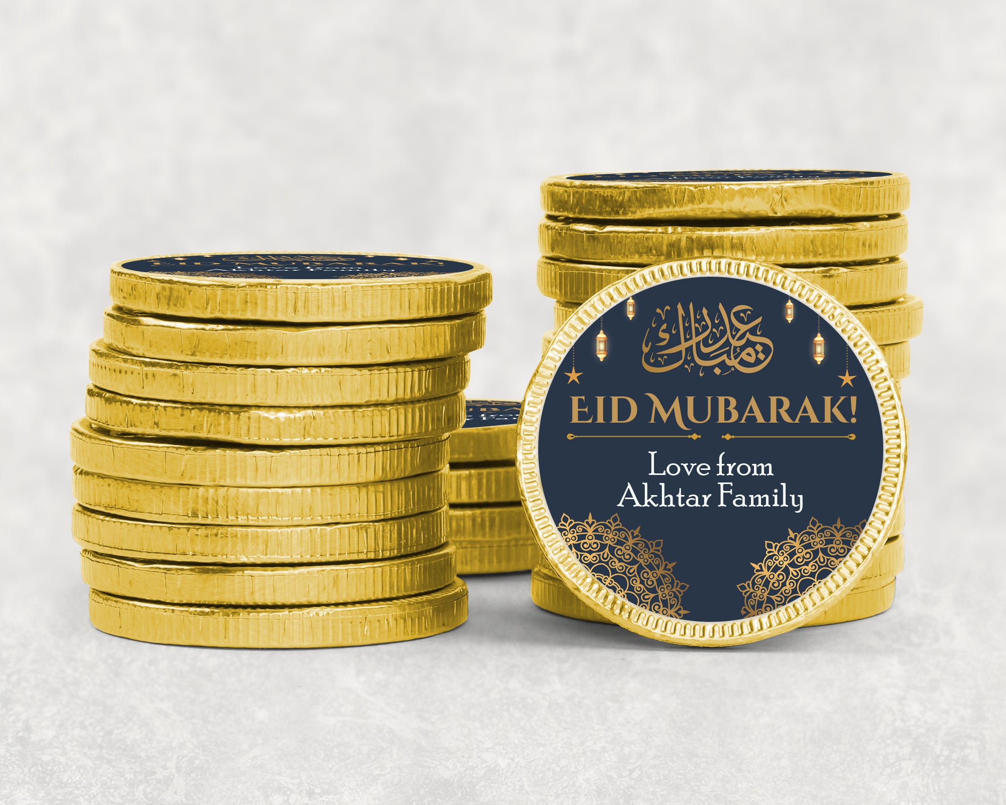 Personalised Eid Ramadan chocolate Coins Luxury Gold foiled discs- gifting, Eid, gold