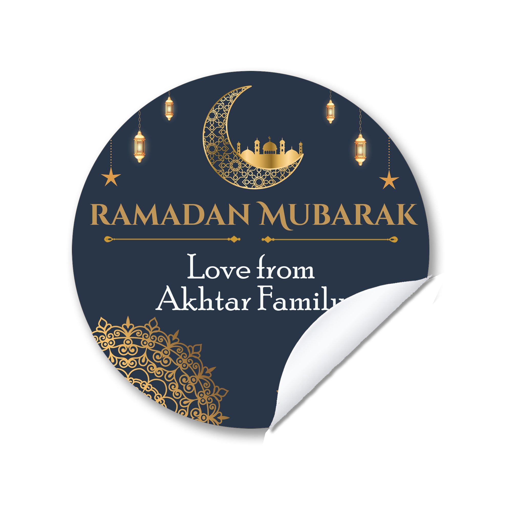Personalised Eid Mubarak & Ramadan Kareem Celebration sticker sheet - 35 round stickers, paper Eid celebration, Eid Mubarak labels Navy