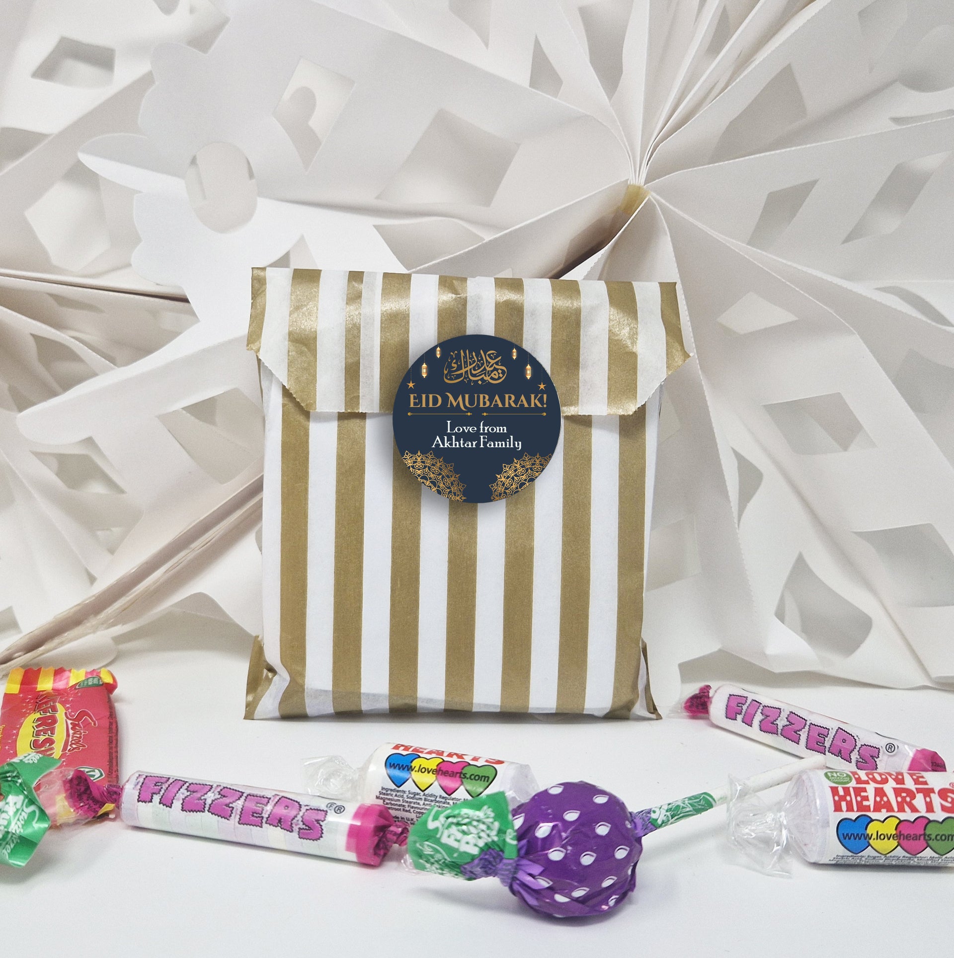 Personalised Eid Mubarak & Ramadan Kareem Celebration sticker sheet - 35 round stickers, paper Eid celebration, Eid Mubarak labels Navy